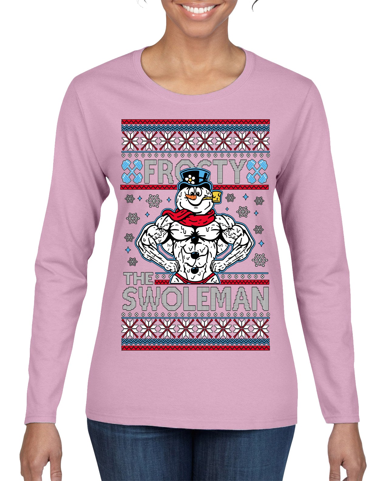 Frosty the Swoleman Funny Workout Lifting Snowman MovieUgly Christmas Sweater Womens Graphic Long Sleeve T-Shirt