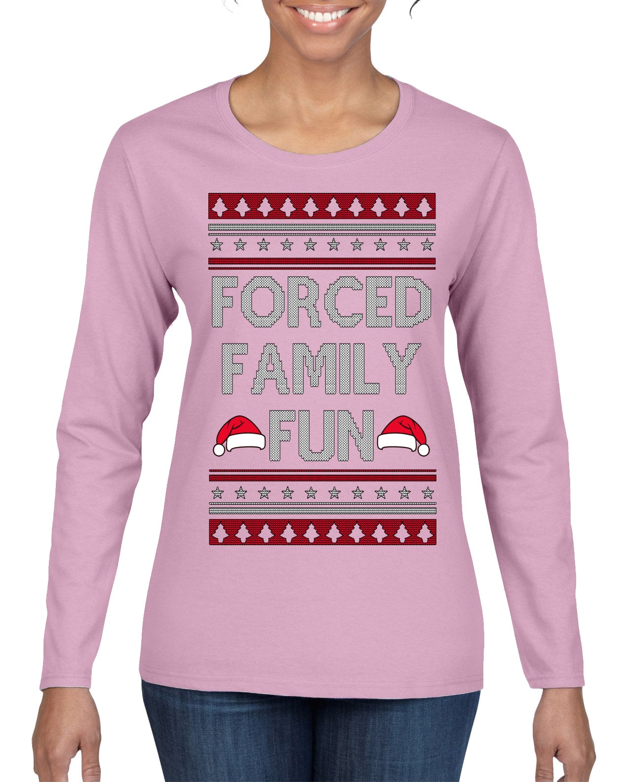 Forced Family Fun, Xmas Holiday Funny Ugly Christmas Sweater Womens Graphic Long Sleeve T-Shirt