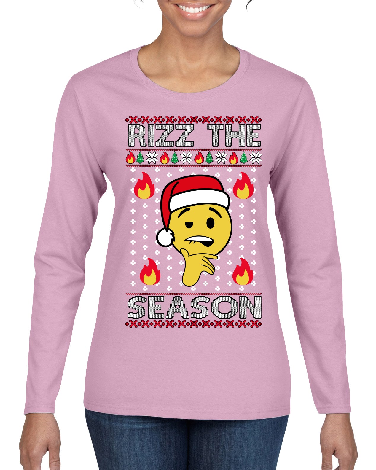 Rizz the Season Viral Internet Fire Emoji Face Meme Ugly Christmas Sweater Womens Graphic Long Sleeve T-Shirt