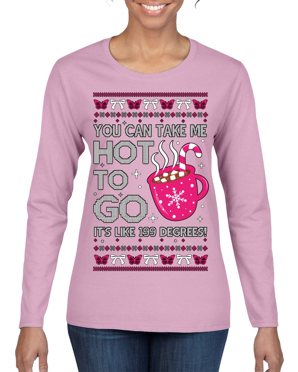 You Can Take Me Hot to Go, Hot Cocoa Viral Song Pop Music Ugly Christmas Sweater Womens Graphic Long Sleeve T-Shirt