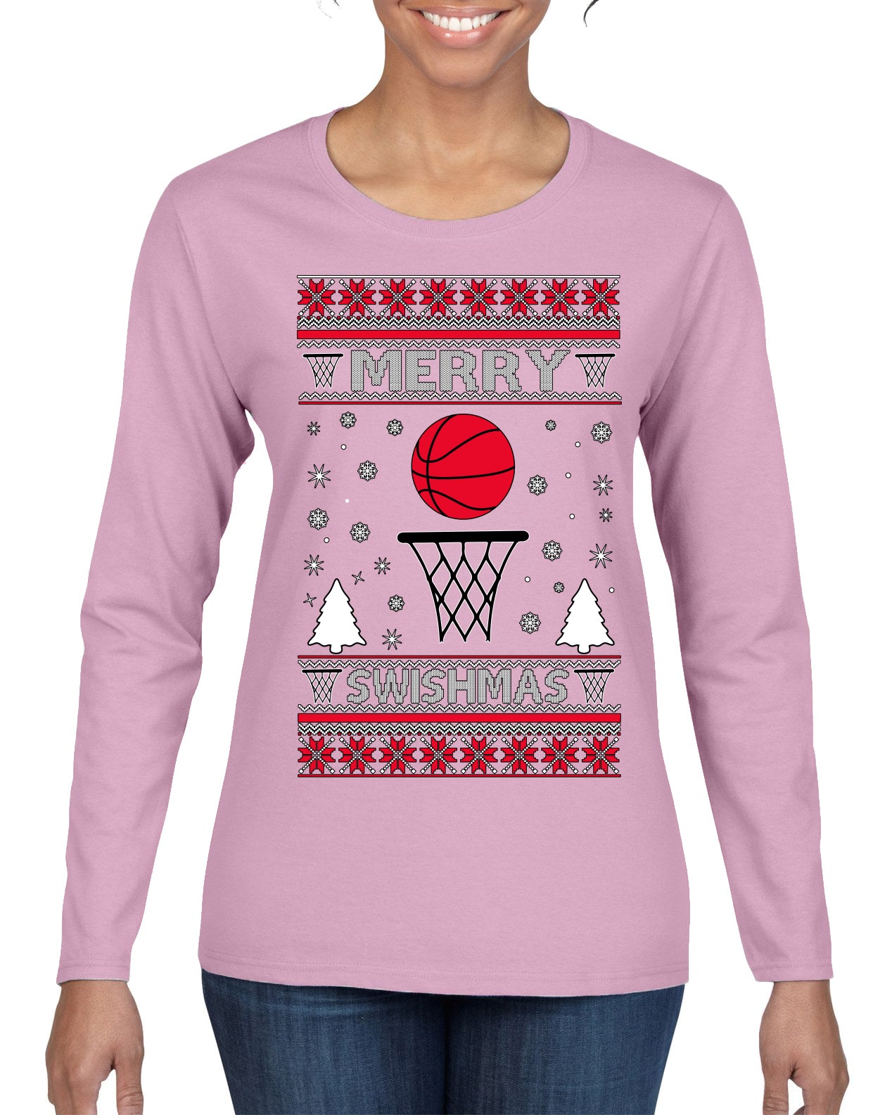 Merry Swishmas Basketball Sports Ugly Christmas Sweater Womens Graphic Long Sleeve T-Shirt