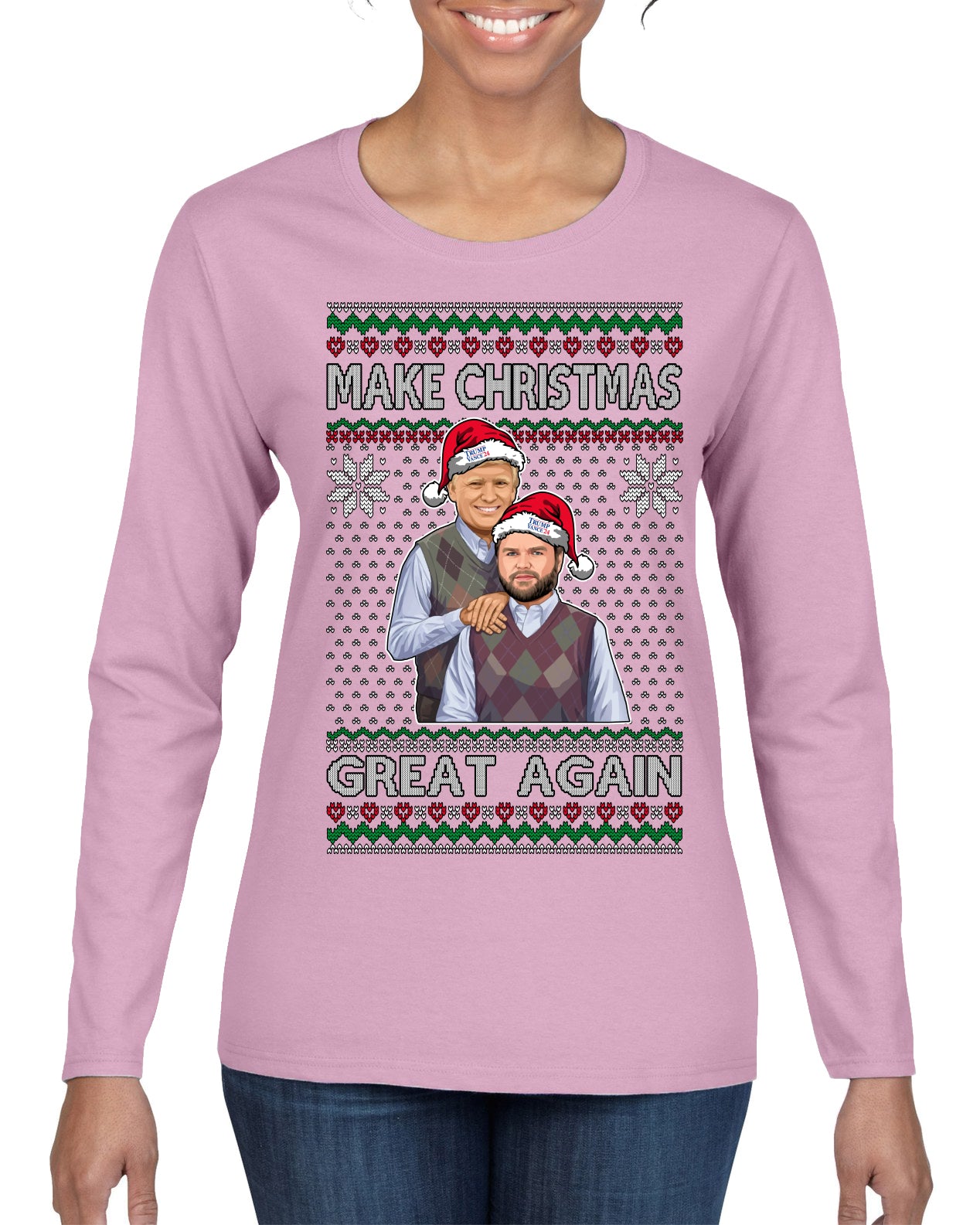 Make Christmas Great Again Trump Vance 2024 Movie Parody Ugly Christmas Sweater Womens Graphic Long Sleeve T-Shirt
