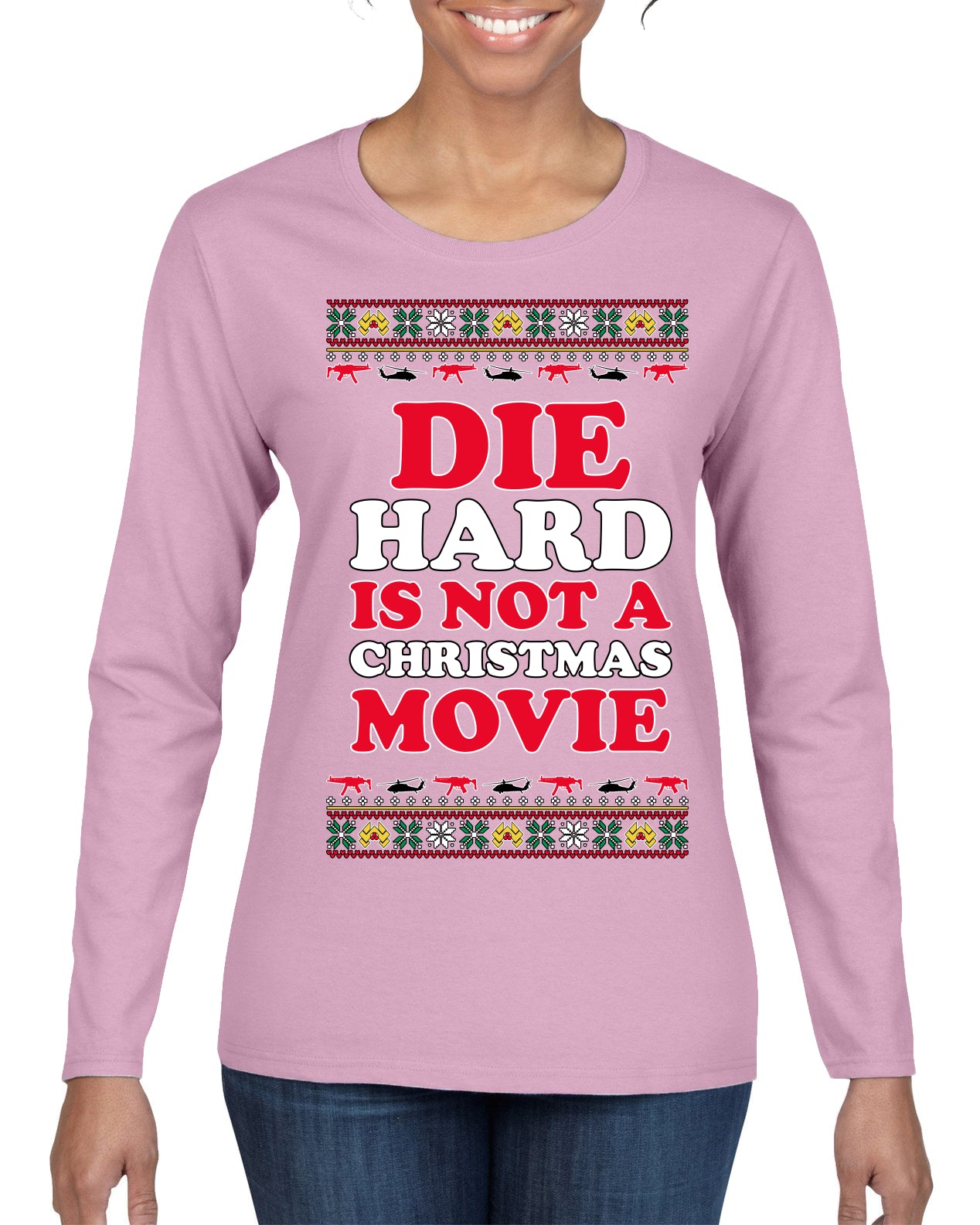 Die Hard is Not a Christmas Movie Classic, McClane Hans Nakatomi Plaza Xmas Party Holiday Movies Ugly Christmas Sweater Womens Graphic Long Sleeve T-Shirt