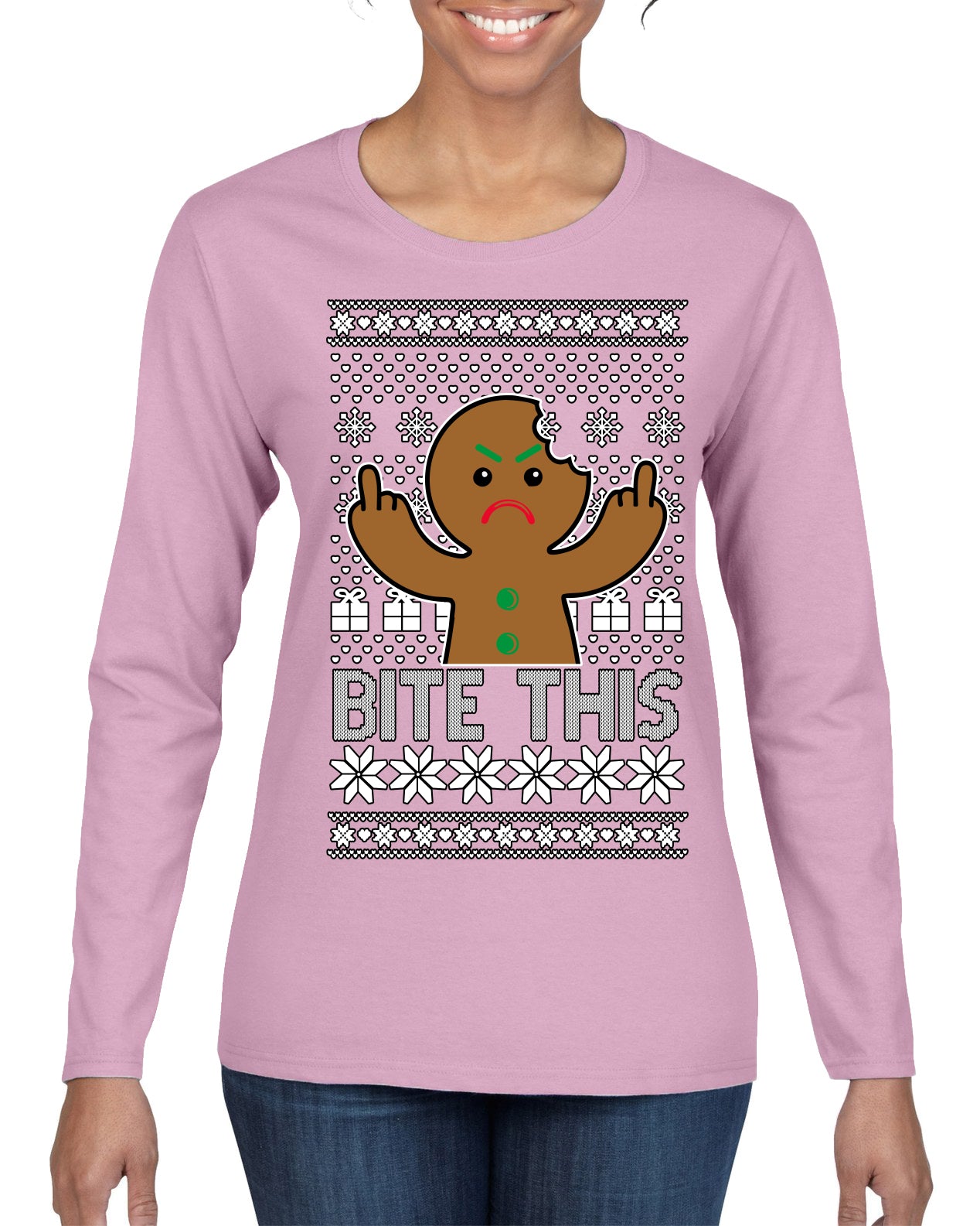 Bite This, Funny Gingerbread Cookie Offensive Inappropriate Middle Finger, F U Ginger Bread Dirty Novelty Xmas Ugly Christmas Sweater Womens Graphic Long Sleeve T-Shirt