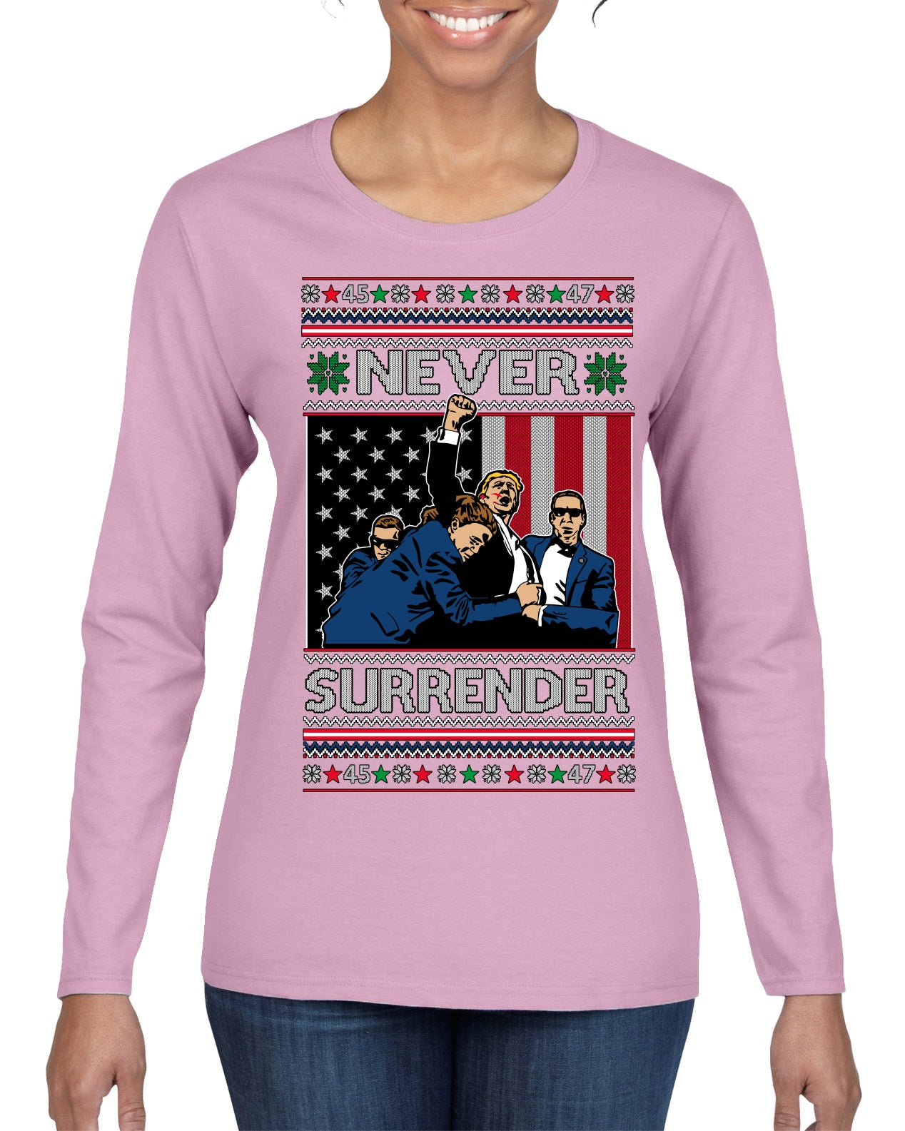 Never Surrender Pro Donald Trump Fight Fist Pump 2024 Ugly Christmas Sweater Womens Graphic Long Sleeve T-Shirt