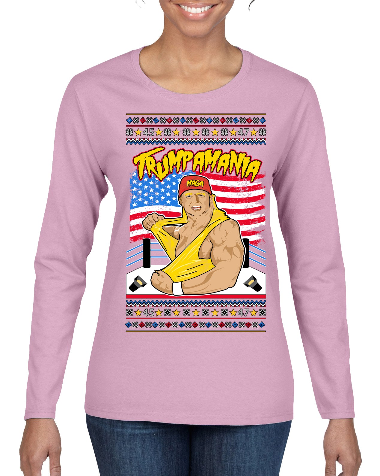 Trumpamania Funny Hogan 80s USA Wrestling Sports Parody Ugly Christmas Sweater Womens Graphic Long Sleeve T-Shirt
