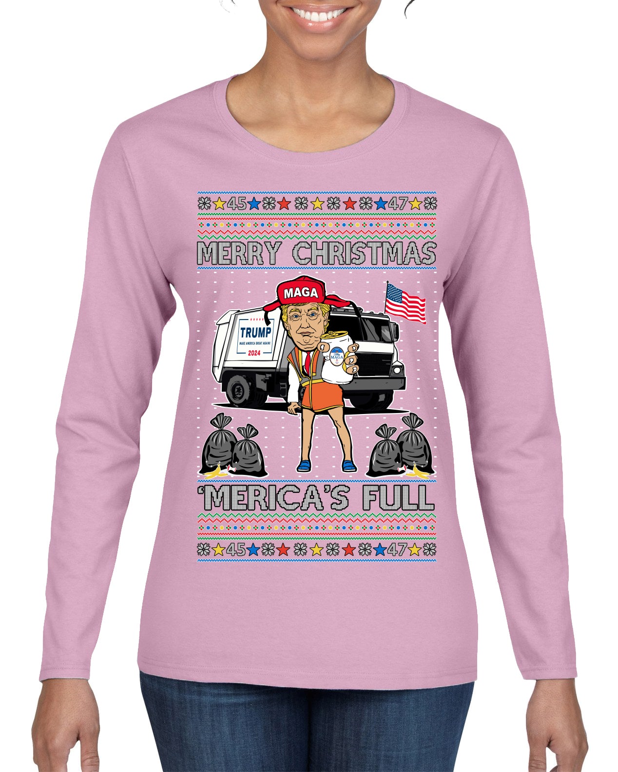 Donald Trump Merry Christmas Merica's Full Garbage Truck Ugly Christmas Sweater Womens Graphic Long Sleeve T-Shirt