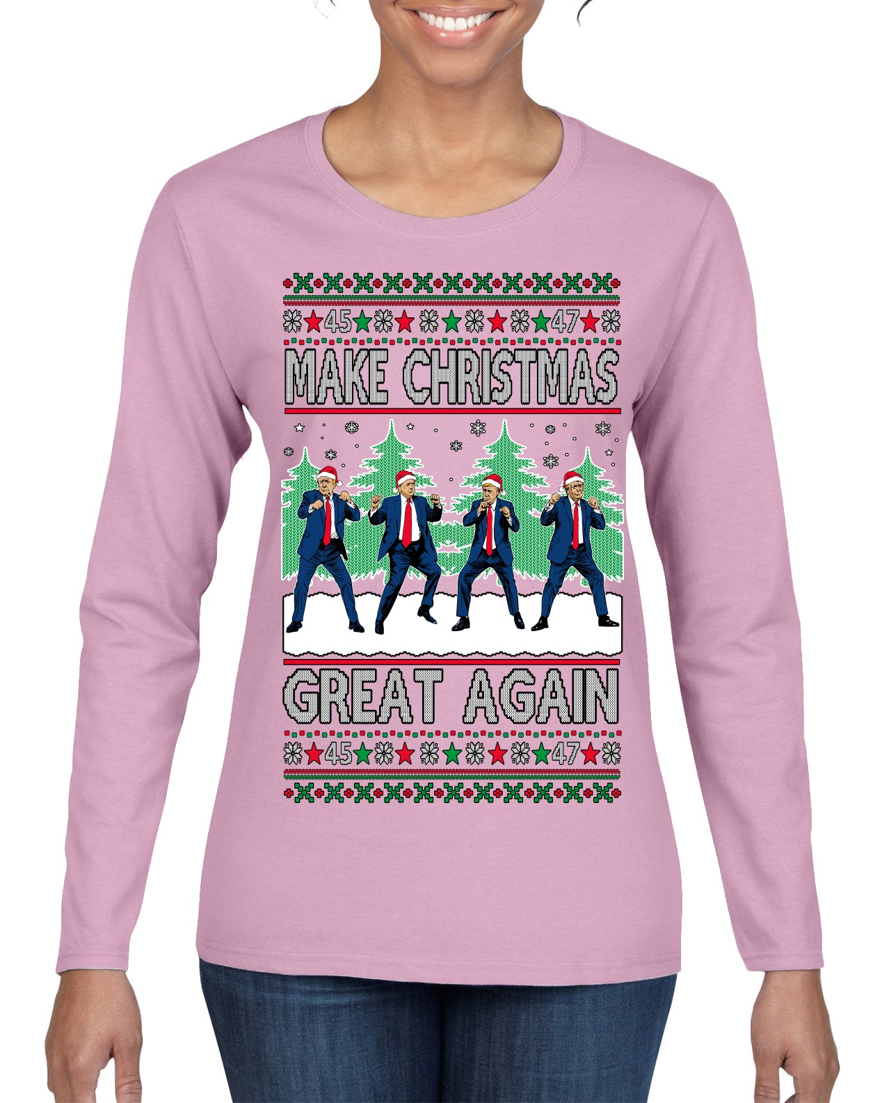 Make Christmas Great Again Shimmy Dance USA President Ugly Christmas Sweater Womens Graphic Long Sleeve T-Shirt
