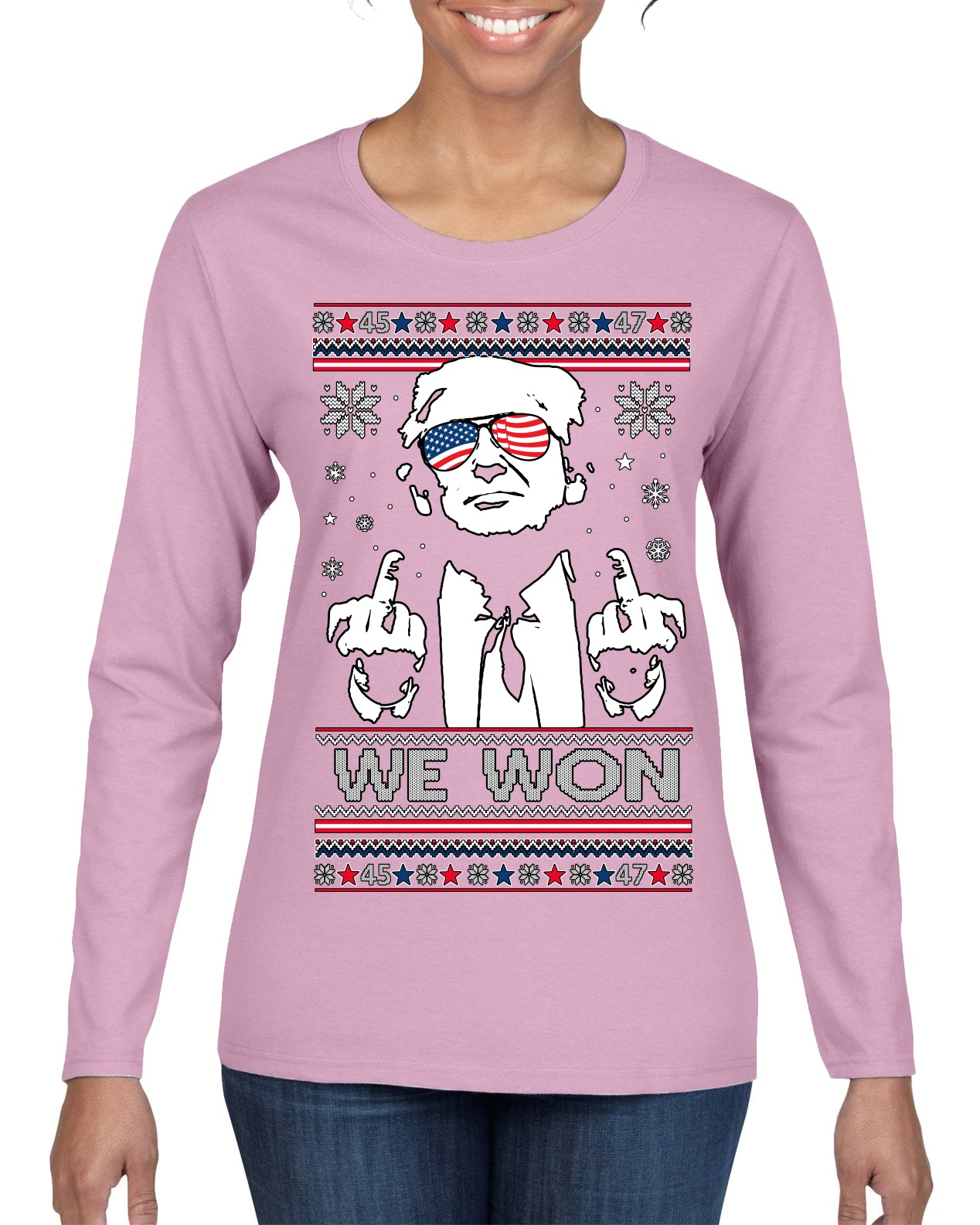 We Won Funny 45 47 President Trump Shot USA Glasses Ugly Christmas Sweater Womens Graphic Long Sleeve T-Shirt