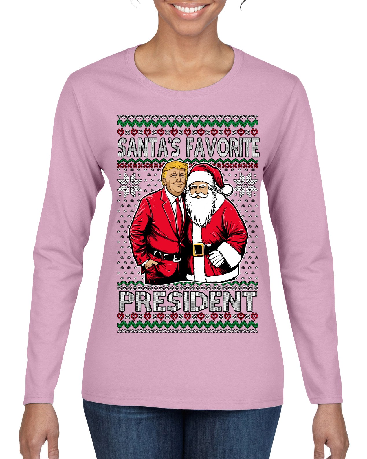 Santa's Favorite President Red Suit Trump Ugly Christmas Sweater Womens Graphic Long Sleeve T-Shirt