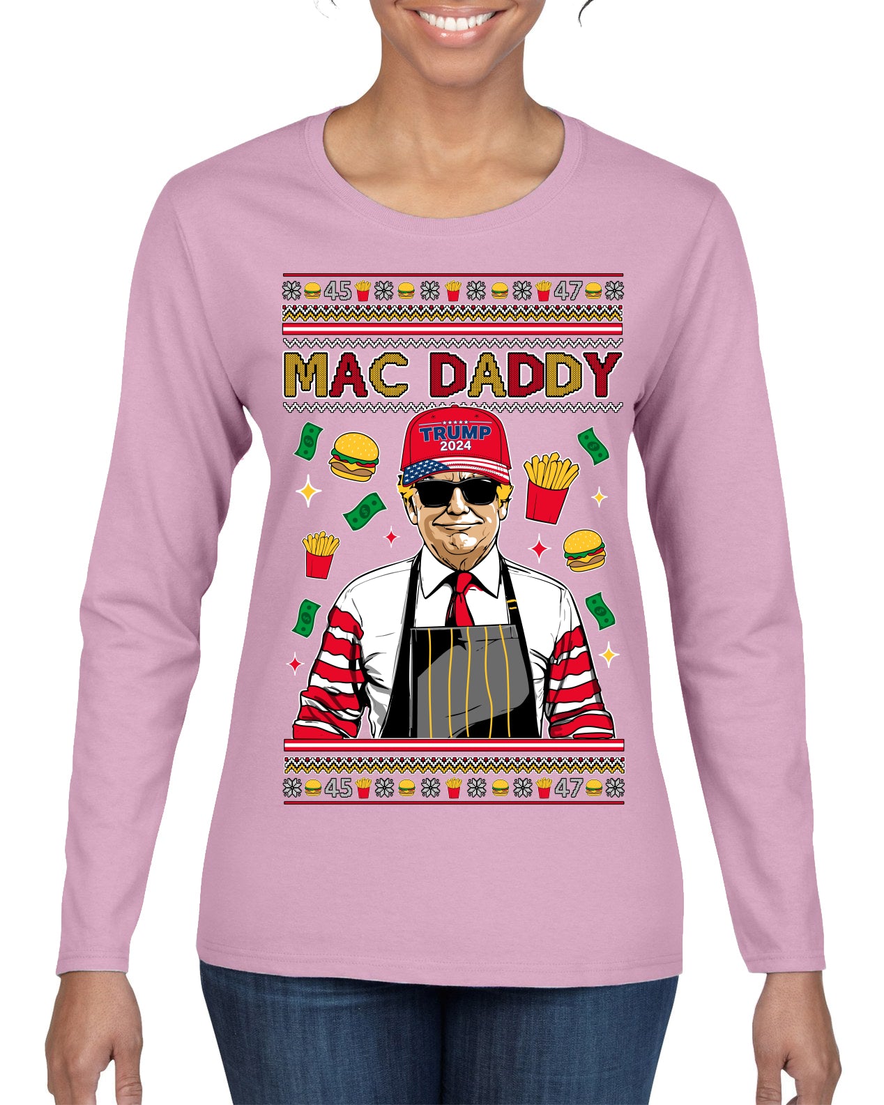 Mac Daddy Funny Viral Trump Meme Fast Food Fries Burgers Ugly Christmas Sweater Womens Graphic Long Sleeve T-Shirt