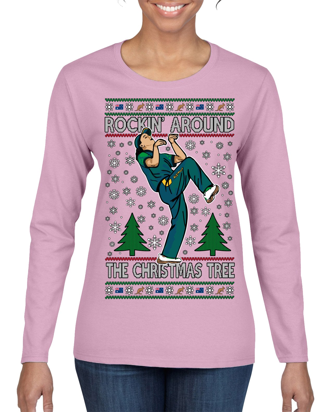 Rockin Around the Christmas Tree Raygun Viral Breakdancer Ugly Christmas Sweater Womens Graphic Long Sleeve T-Shirt