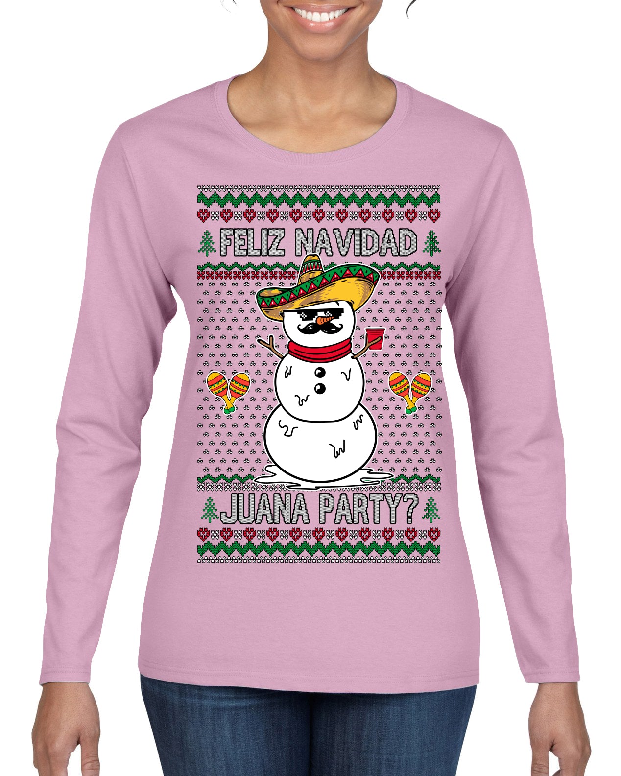 Feliz Navidad Juana Party Funny Spanish Drinking Cerveza Ugly Christmas Sweater Womens Graphic Long Sleeve T-Shirt