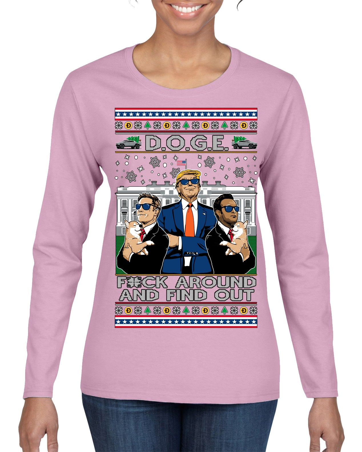 Doge F Around and Find Out Donald Trump Elon Vivek MAGA Ugly Christmas Sweater Womens Graphic Long Sleeve T-Shirt