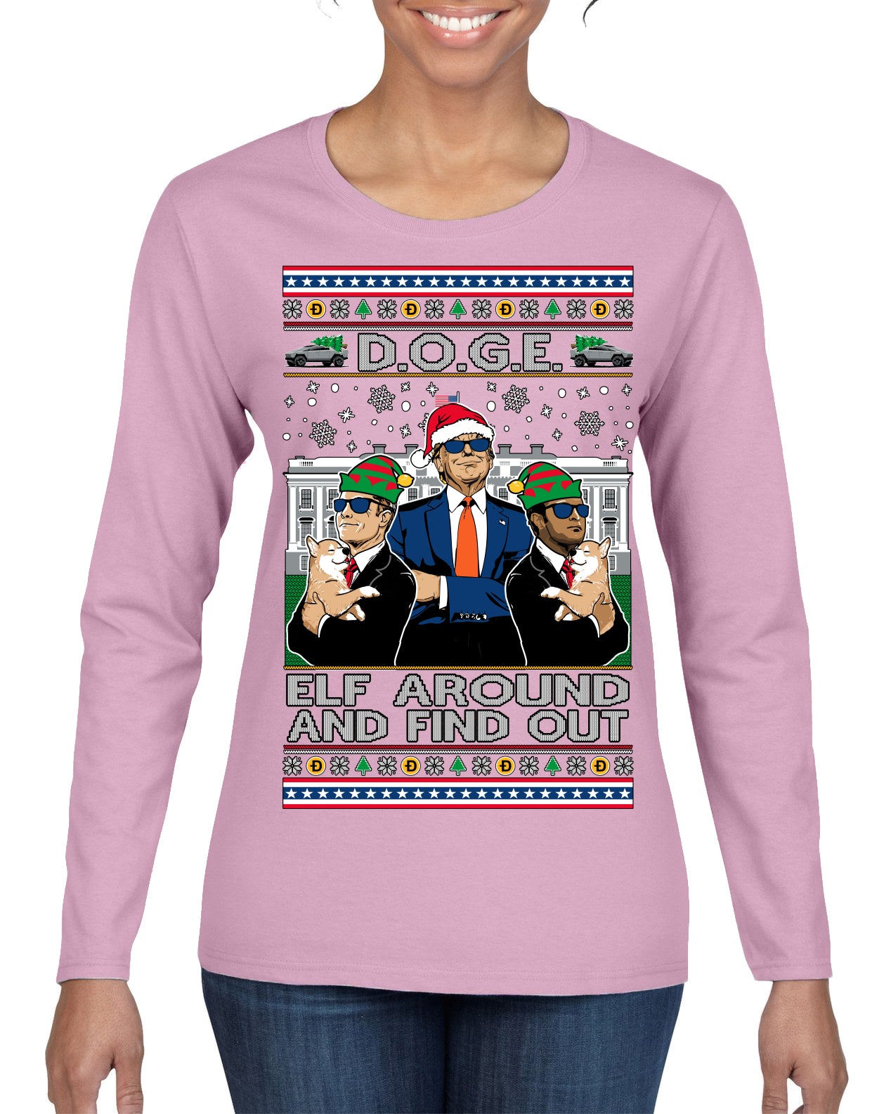 Doge Elf Around and Find Out Trump Elon Vivek MAGA Ugly Christmas Sweater Womens Graphic Long Sleeve T-Shirt
