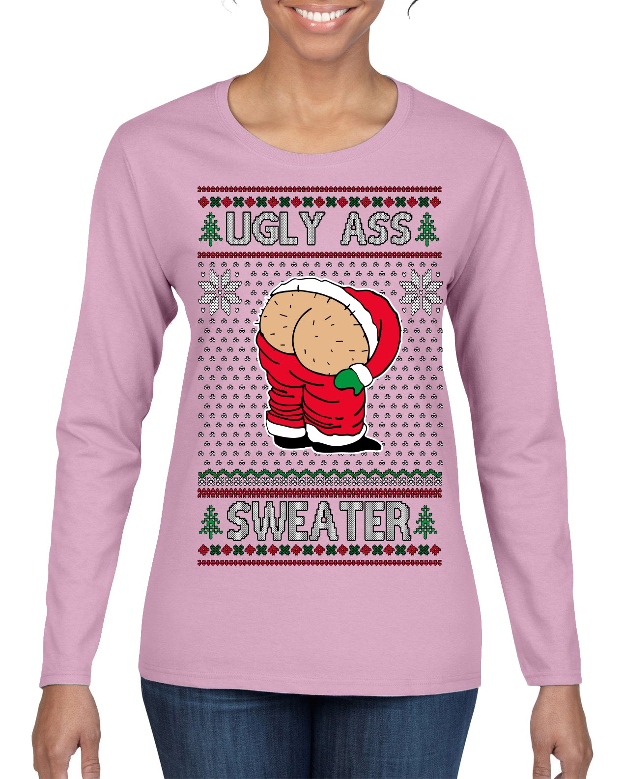 Ugly Ass Sweater Funny Santa Claus Butt Xmas Ugly Christmas Sweater Womens Graphic Long Sleeve T-Shirt
