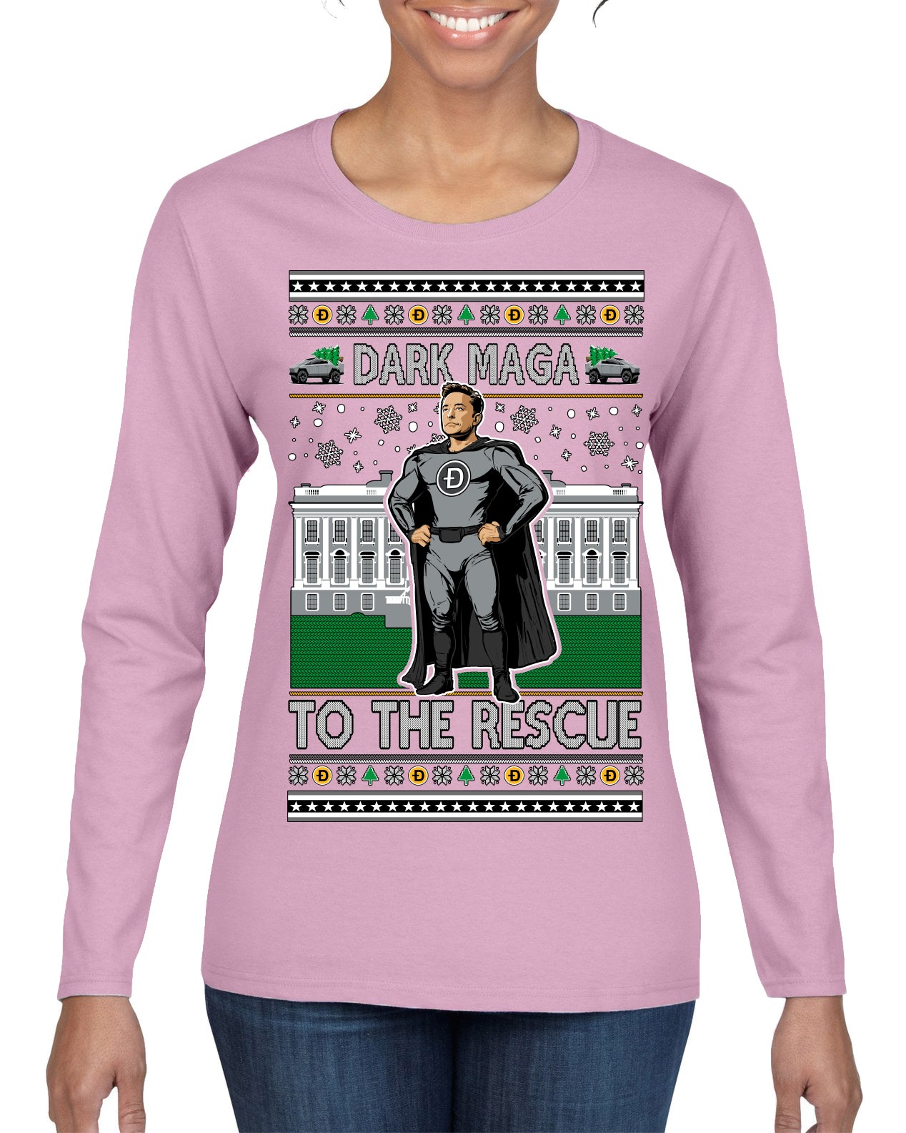 Dark MAGA to the Rescue Elon Superhero Doge Crypto Ugly Christmas Sweater Womens Graphic Long Sleeve T-Shirt