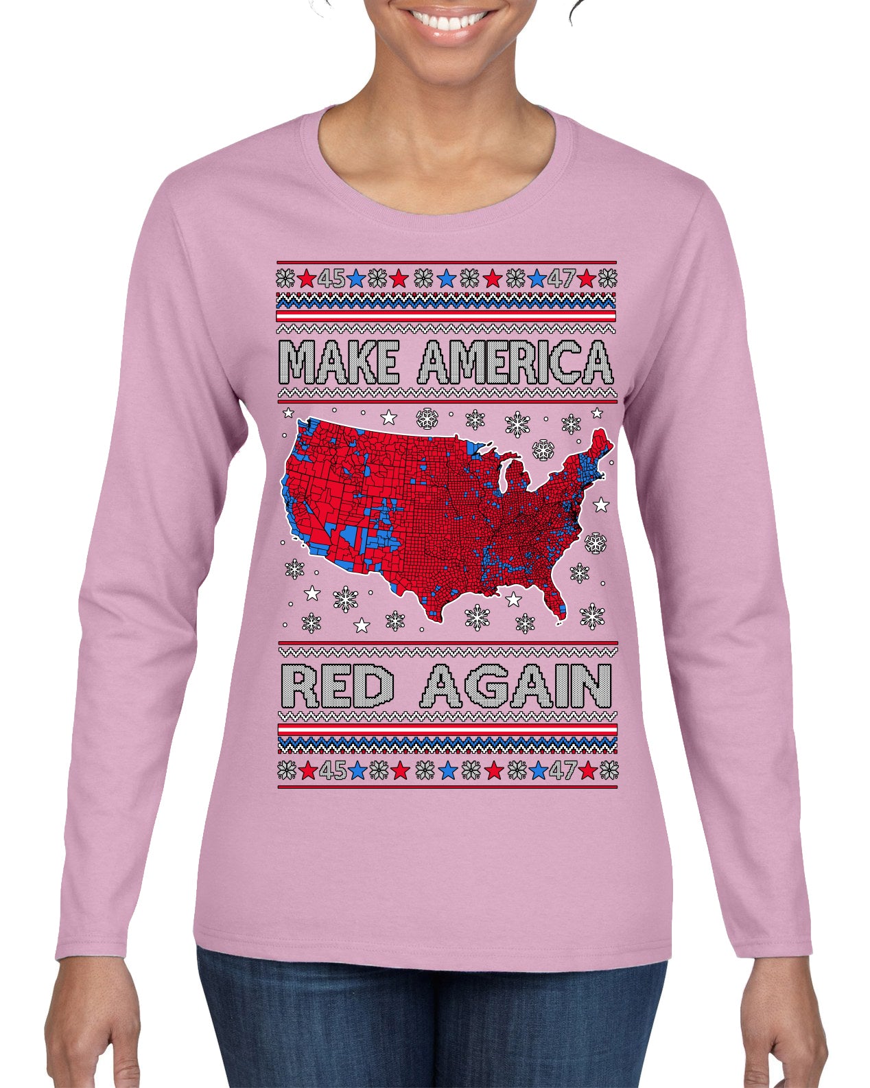 Make America Red Again USA Map Trump 2024 MAGA Ugly Christmas Sweater Womens Graphic Long Sleeve T-Shirt