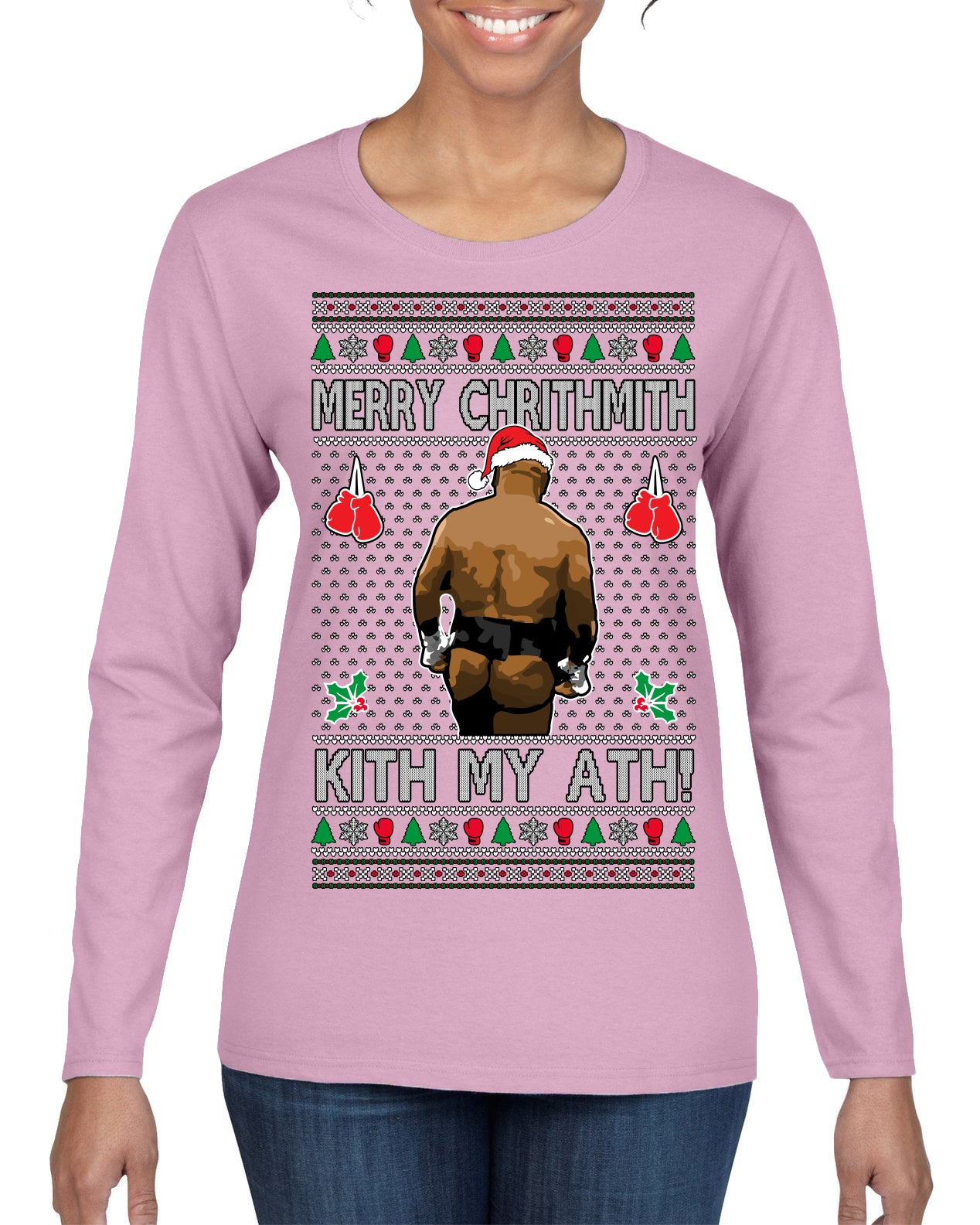 Merry Chrithmith Kith My Ath, Butt Viral Kiss My Ass Boxing Fight Meme Ugly Christmas Sweater Womens Graphic Long Sleeve T-Shirt