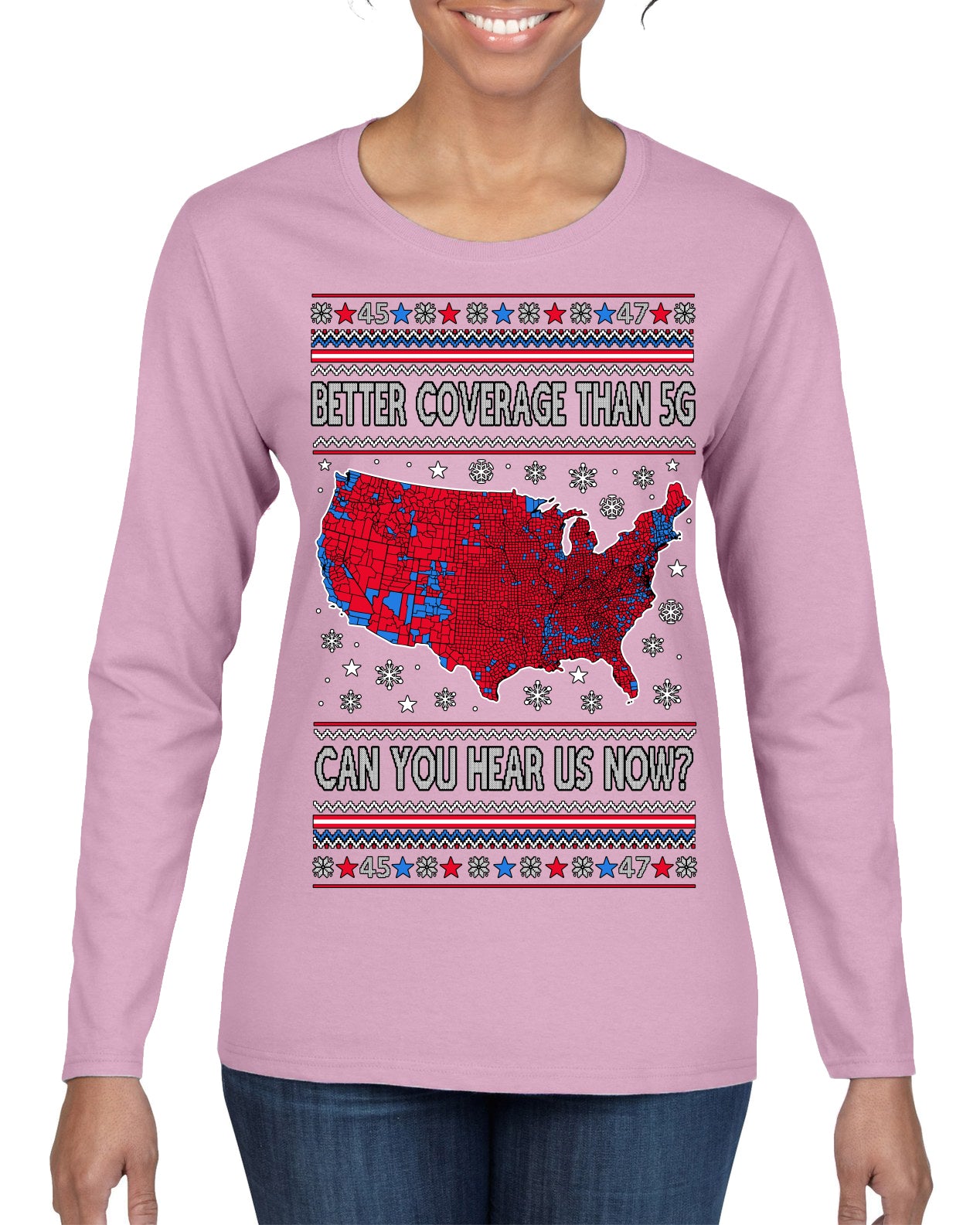 Trump 2024 Better Coverage than 5G Red Wave Landslide Ugly Christmas Sweater Womens Graphic Long Sleeve T-Shirt