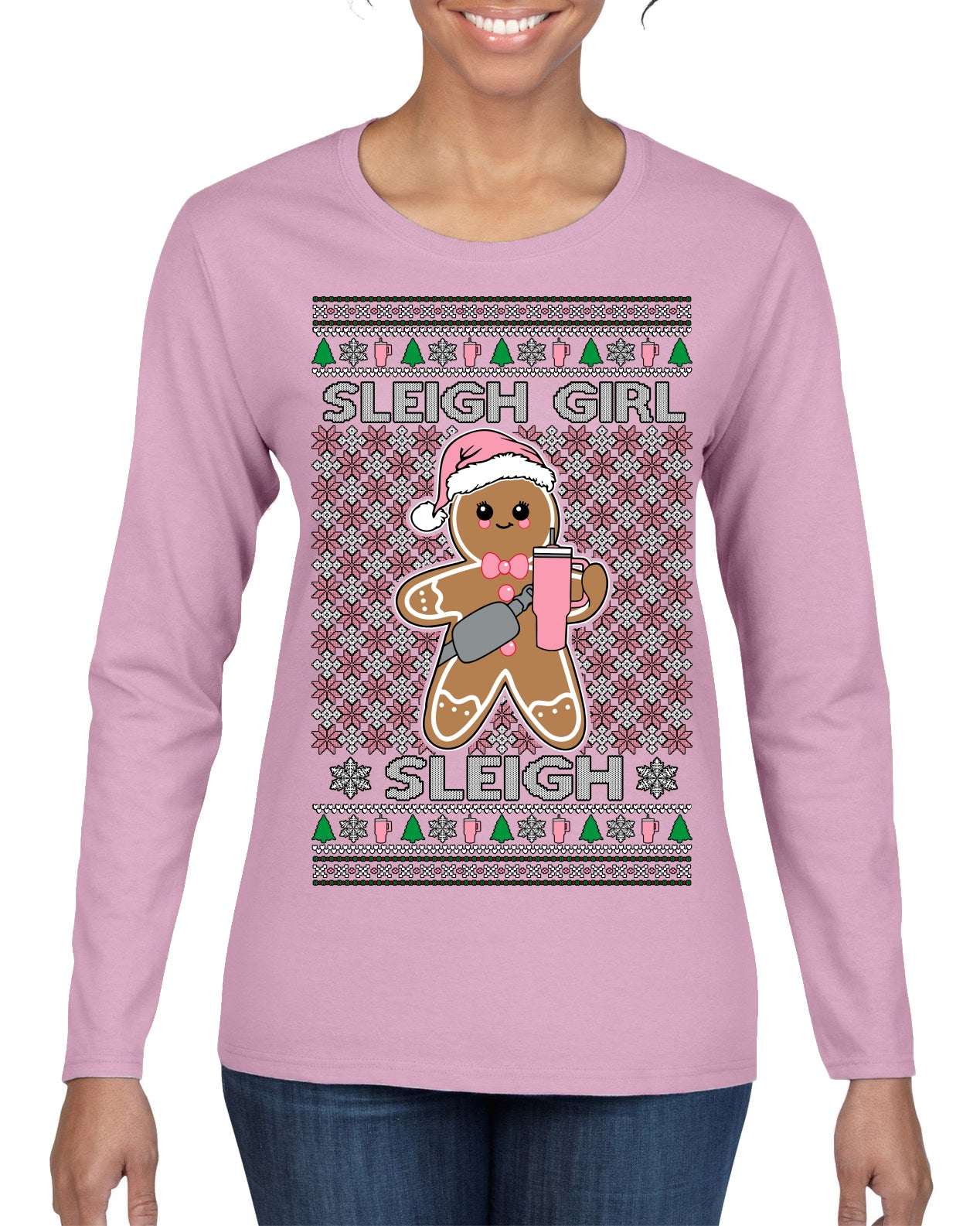 Sleigh Girl Sleigh Funny Trendy Pop Girly Sling Bag Coffee Cup Ugly Christmas Sweater Womens Graphic Long Sleeve T-Shirt