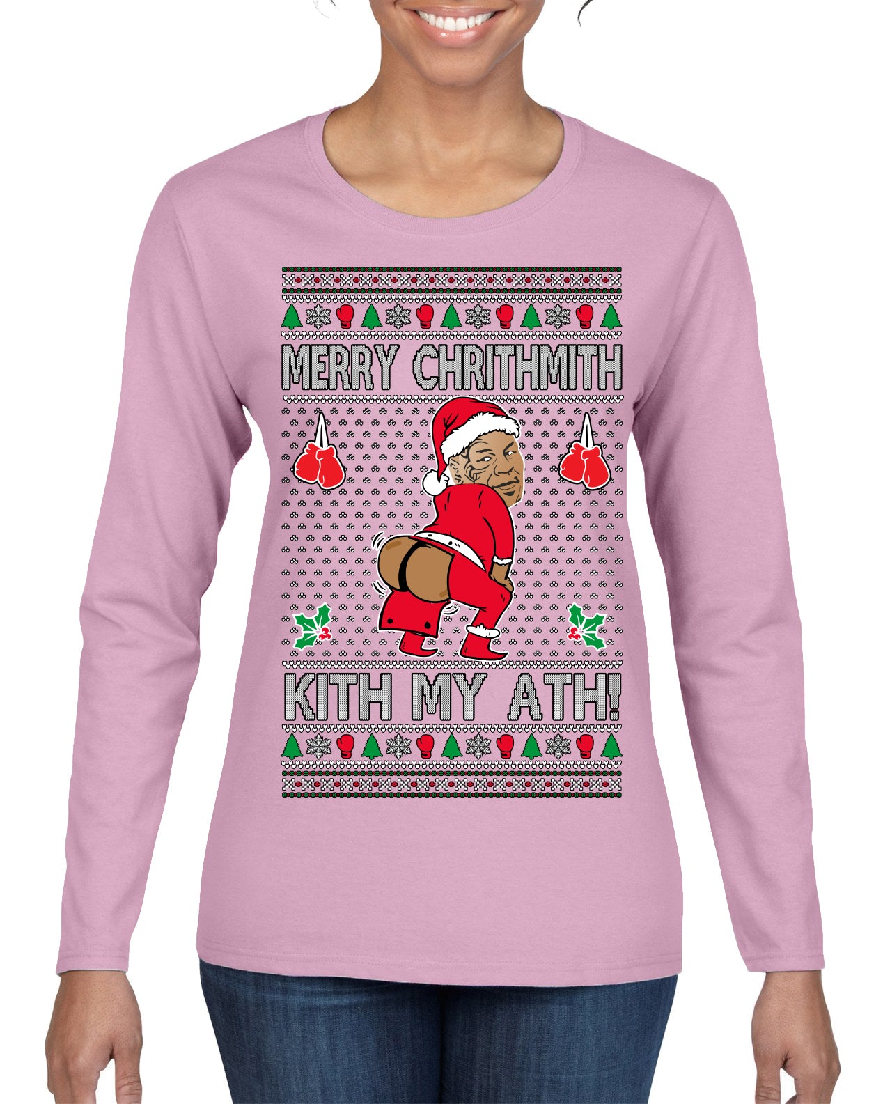 Merry Chrithmith Kith My Ath, Funny Butt Dancing, Viral Kiss My Ass Boxing Fight Meme, Men Women Ugly Christmas Sweater Womens Graphic Long Sleeve T-Shirt