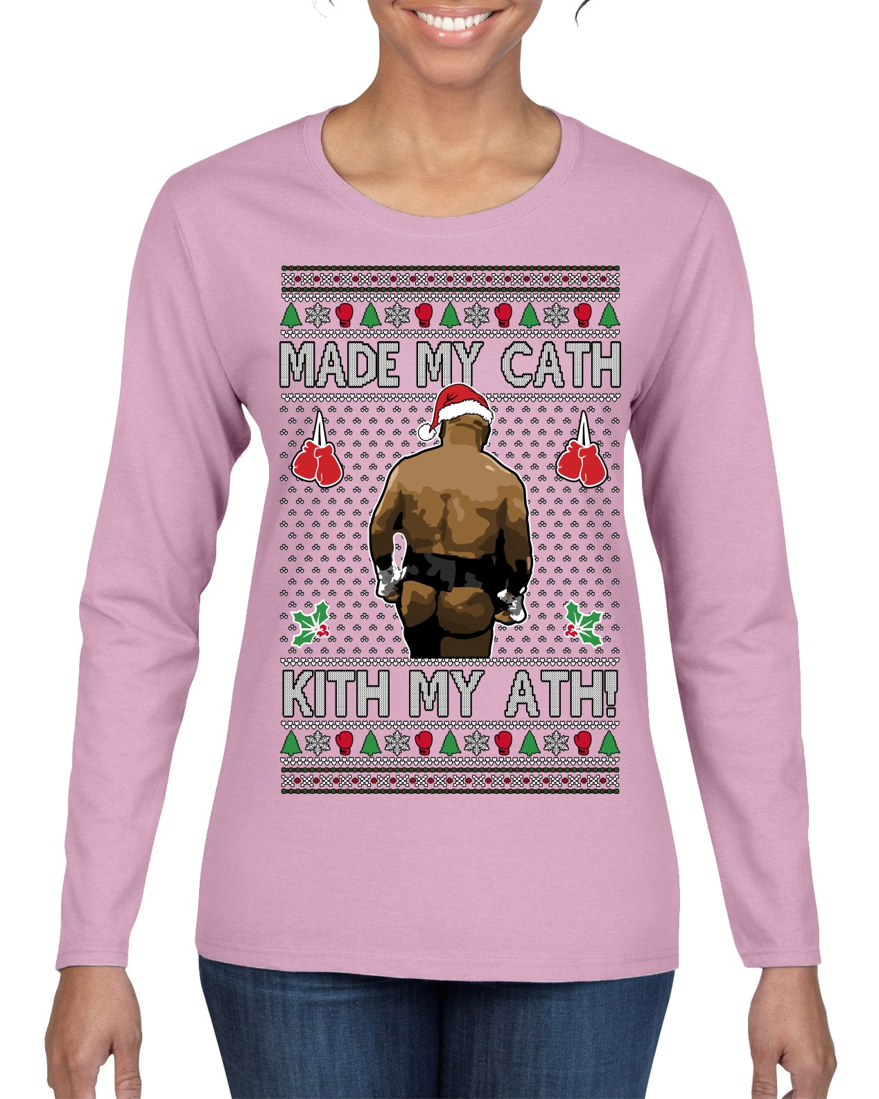 Made My Cath Kith My Ath, Funny Cash Money Viral Kiss My Ass Boxing Fight Meme, Men Women Ugly Christmas Sweater Womens Graphic Long Sleeve T-Shirt