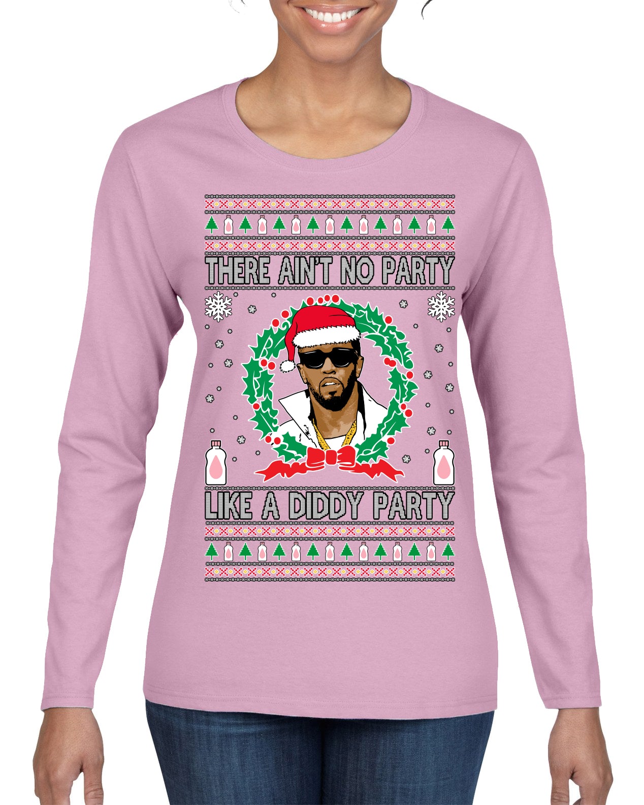 There Ain't No Party Like a Diddy Party, Funny Crazy Party Viral Music Baby Oil Meme, Men Women Ugly Christmas Sweater Womens Graphic Long Sleeve T-Shirt