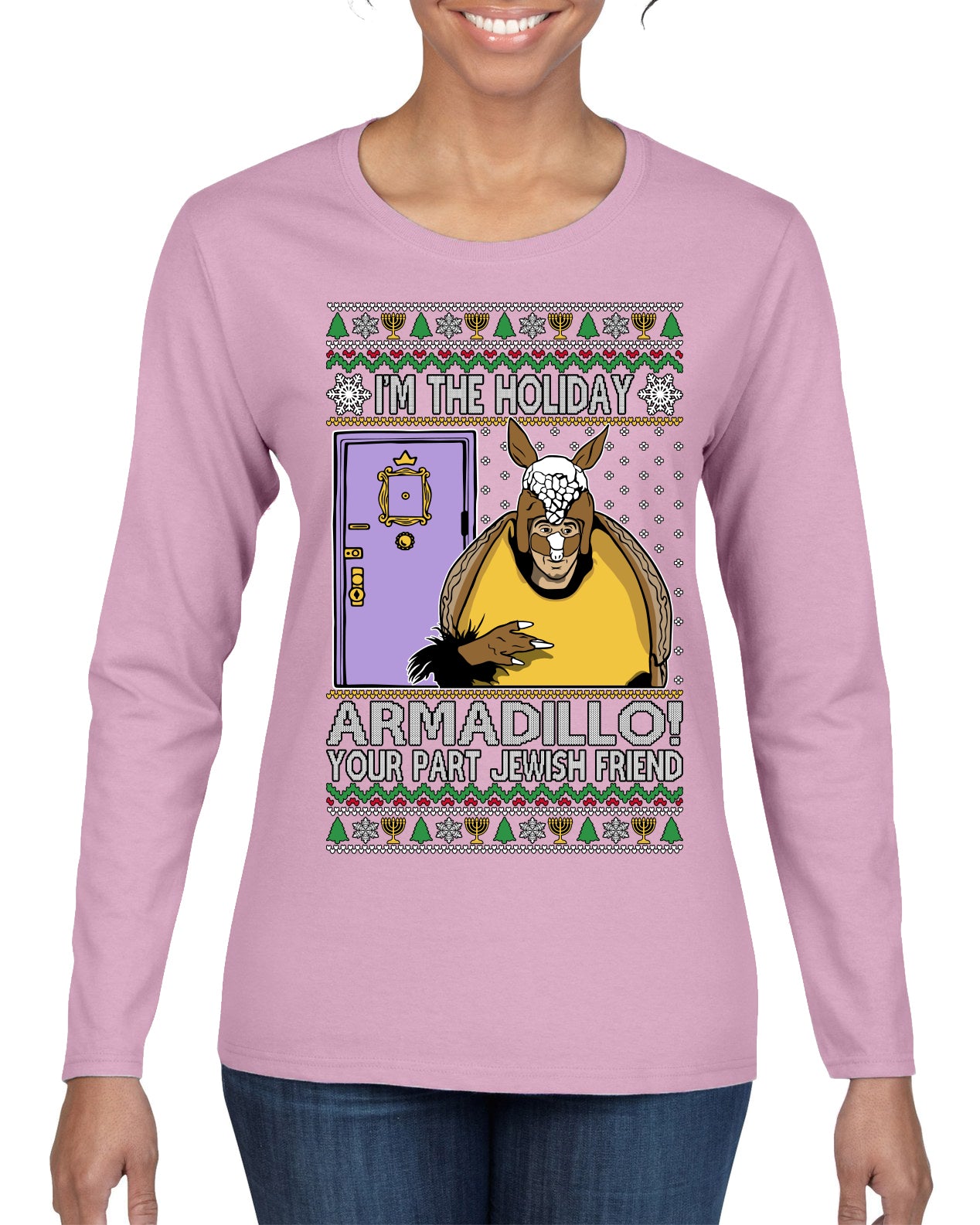 Holiday Armadillo Part Jewish TV Show Ugly Christmas Sweater Womens Graphic Long Sleeve T-Shirt