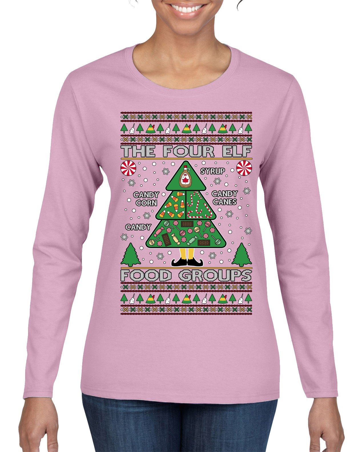 The Four Elf Food Groups Candy Canes Syrup Funny Ugly Christmas Sweater Womens Graphic Long Sleeve T-Shirt