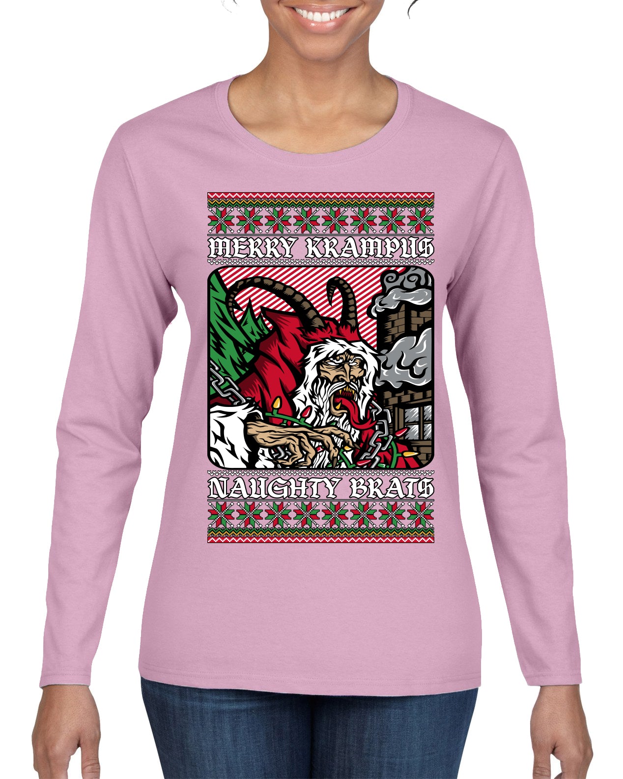Merry Krampus Naughty Brats | Funny Ugly Christmas Sweater Womens Graphic Long Sleeve T-Shirt