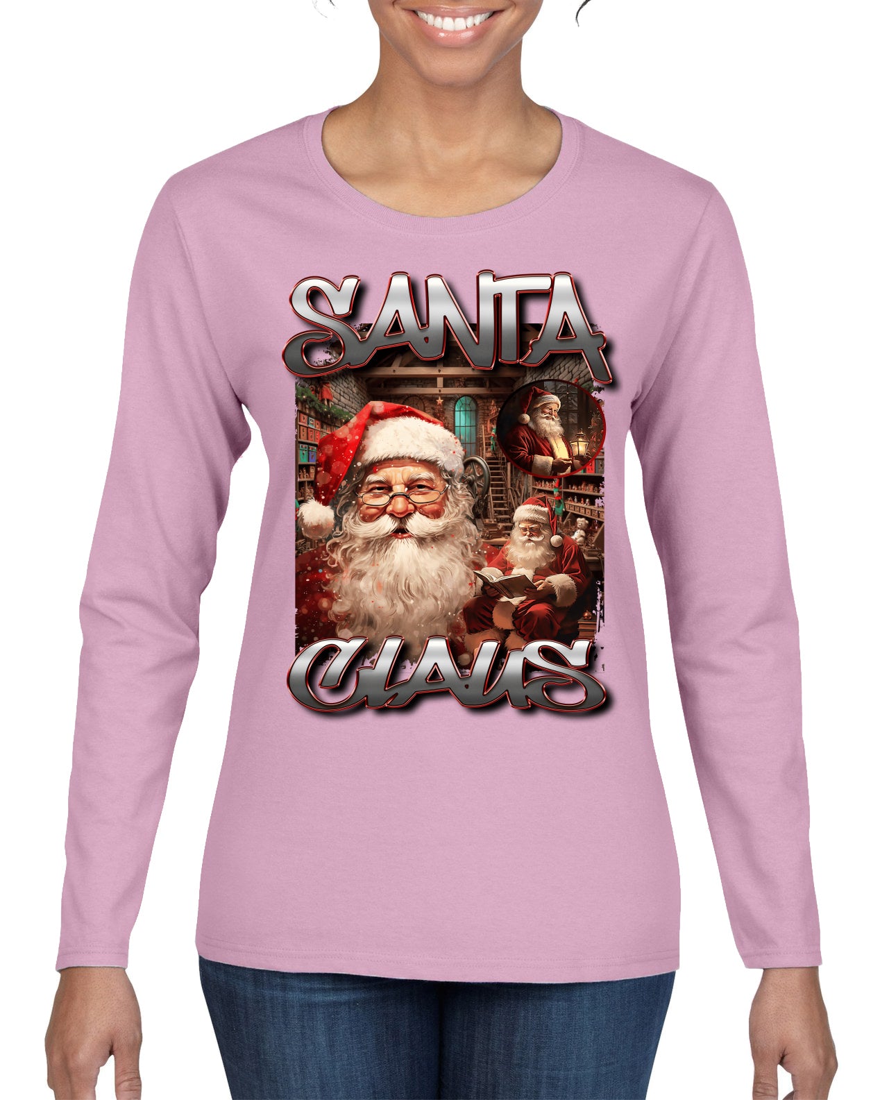 Santa Claus Bootleg Rap Music Style Ugly Christmas Sweater Womens Graphic Long Sleeve T-Shirt