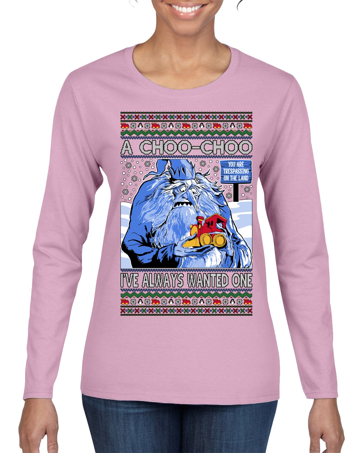 A Choo Choo I've Always Wanted One Winter Warlock Movie Ugly Christmas Sweater Womens Graphic Long Sleeve T-Shirt