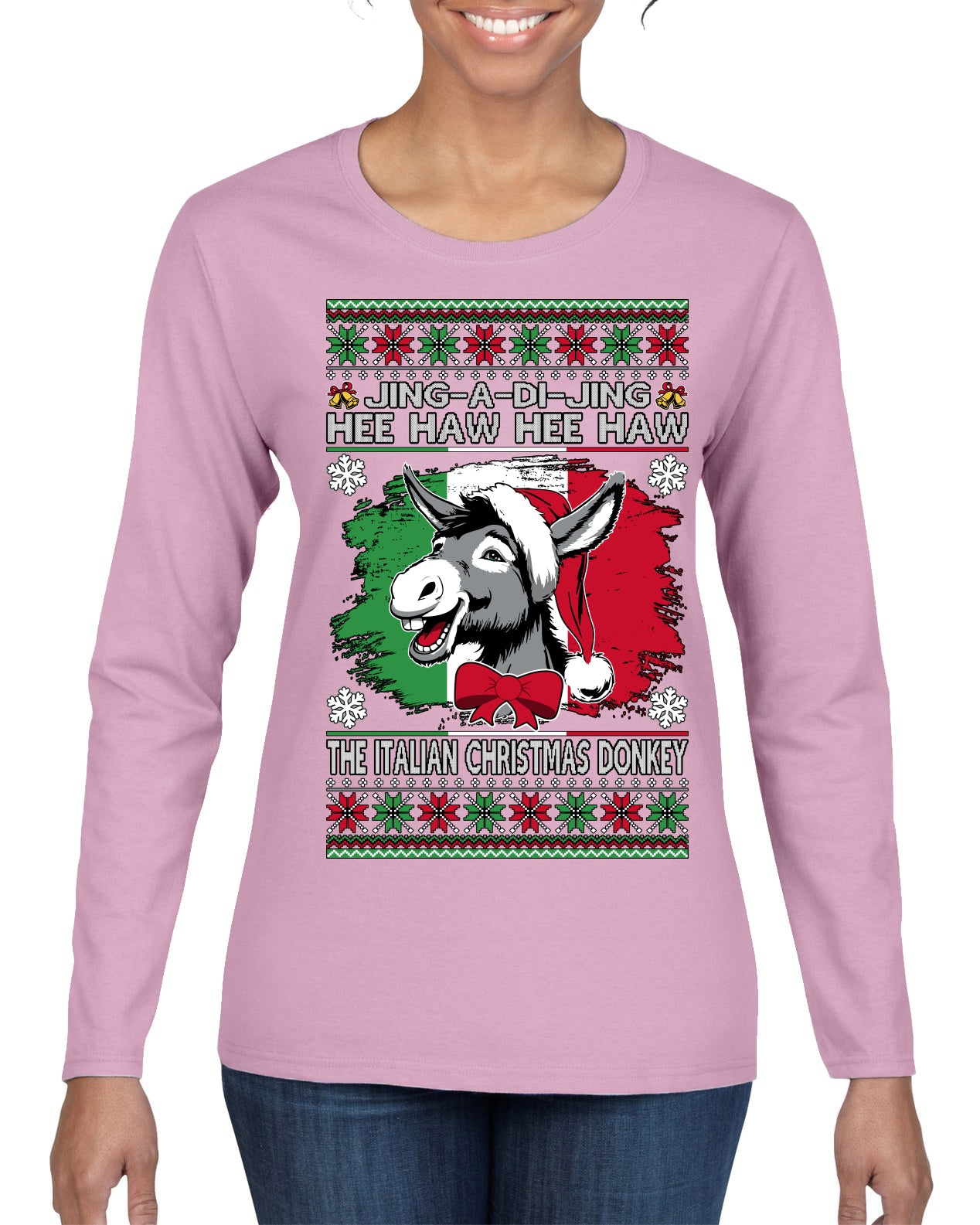Jing a Di Jing Dominick the Italian Christmas Donkey Ugly Christmas Sweater Womens Graphic Long Sleeve T-Shirt