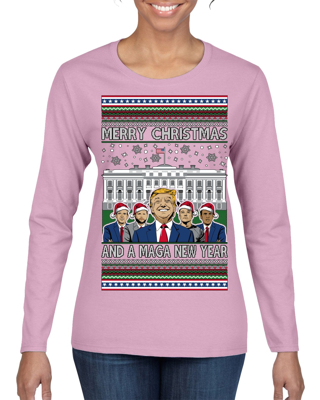 Merry Christmas and a MAGA New Year 2025 Ugly Christmas Sweater Womens Graphic Long Sleeve T-Shirt