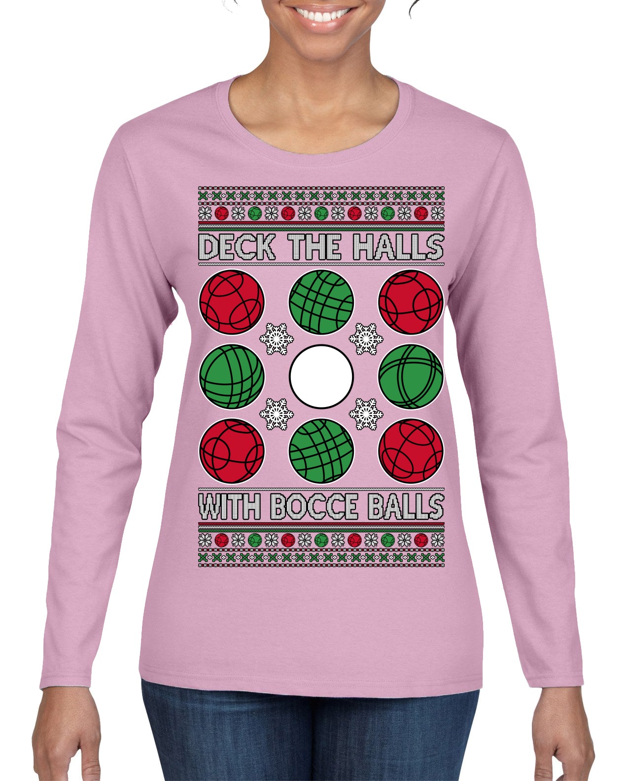 Deck the Halls with Bocce Balls, Funny Classic Italy Italian Sports Ugly Christmas Sweater Womens Graphic Long Sleeve T-Shirt