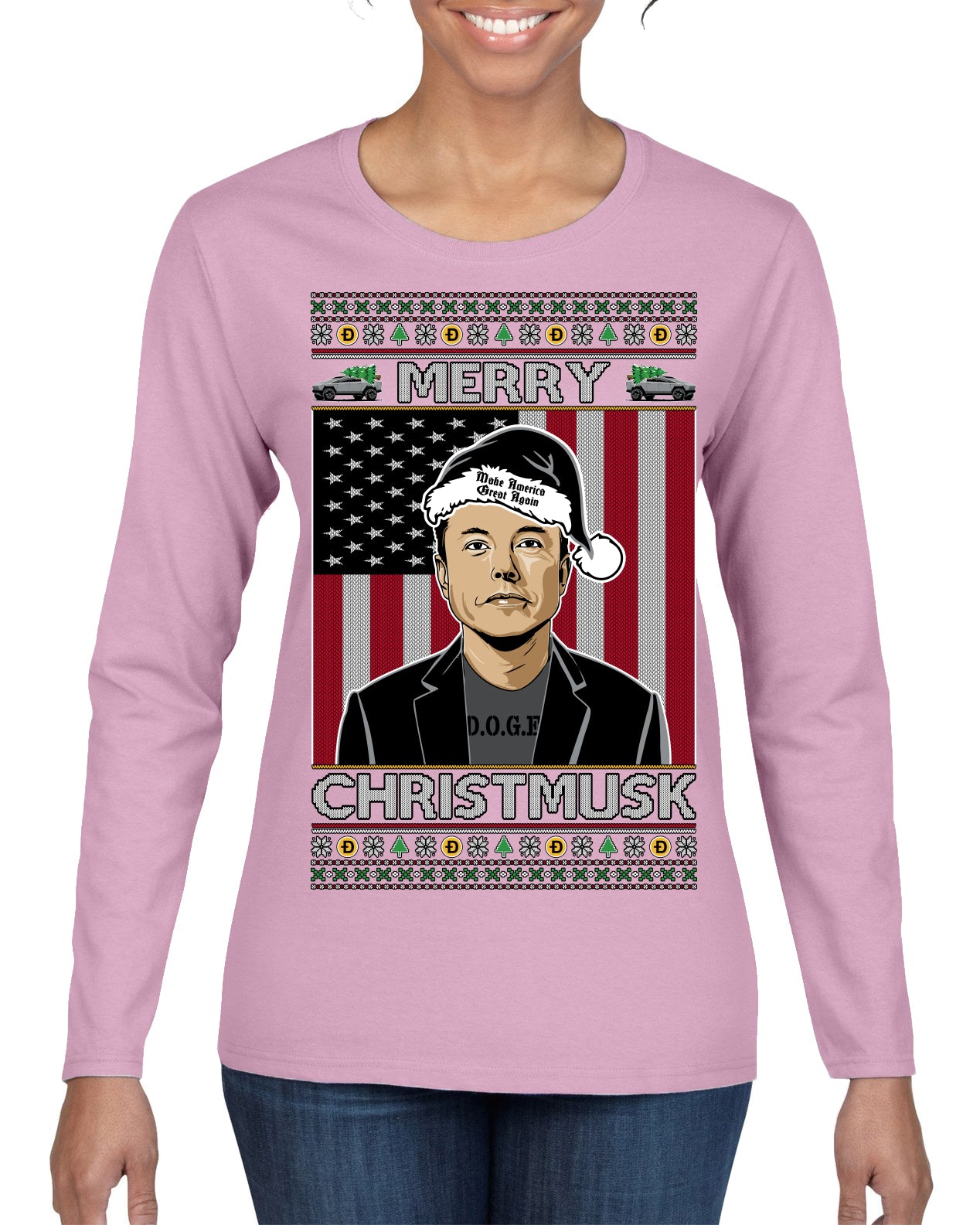 Merry Christmusk Funny Dark MAGA Santa Elon Doge Meme Ugly Christmas Sweater Womens Graphic Long Sleeve T-Shirt