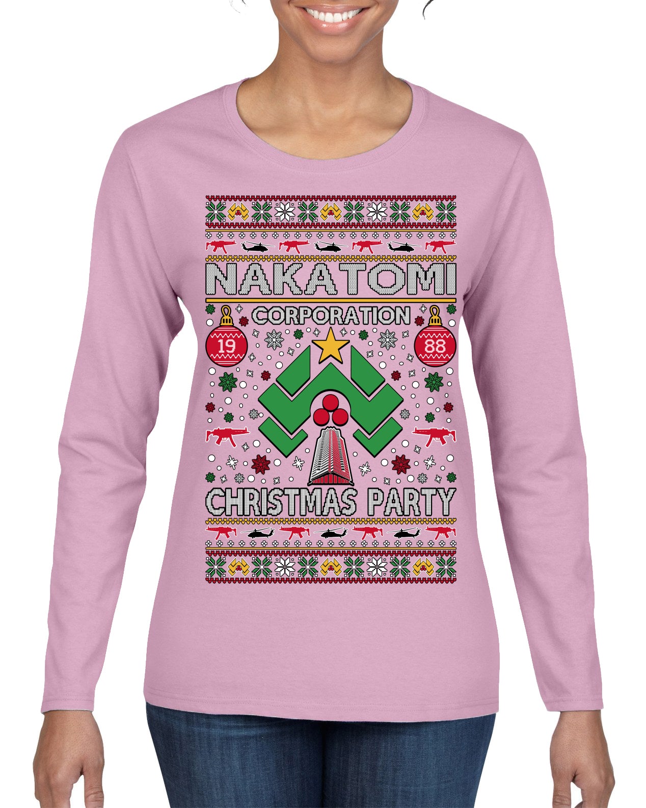 Nakatomi Corporation Christmas Party 1988 Plaza Logo, Classic Die Hard McClane 80s Xmas Movie Quote Ugly Christmas Sweater Womens Graphic Long Sleeve T-Shirt