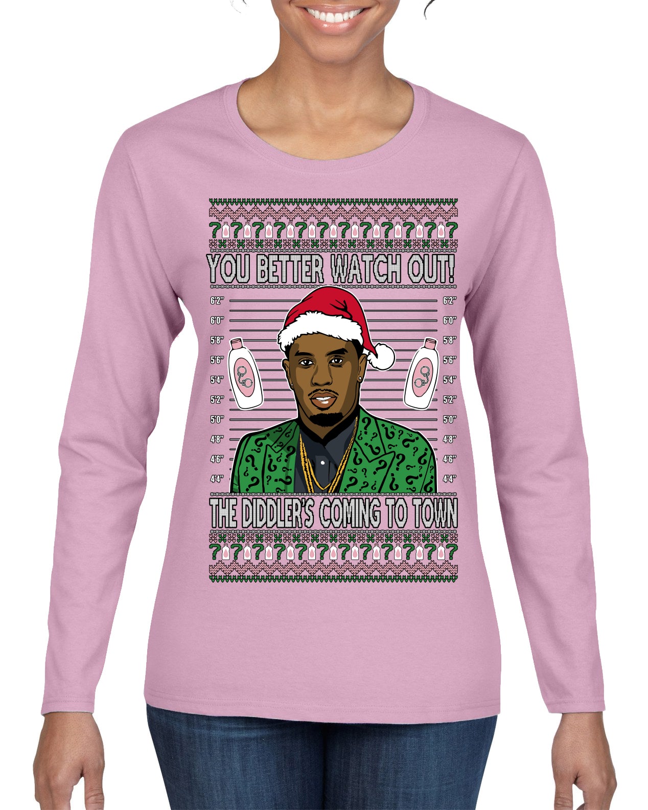 You Better Watch Out, the Diddler's Coming to Town, Funny Santa P Diddy Diddler Funny Party Viral Music Baby Oil Meme Ugly Christmas Sweater Womens Graphic Long Sleeve T-Shirt