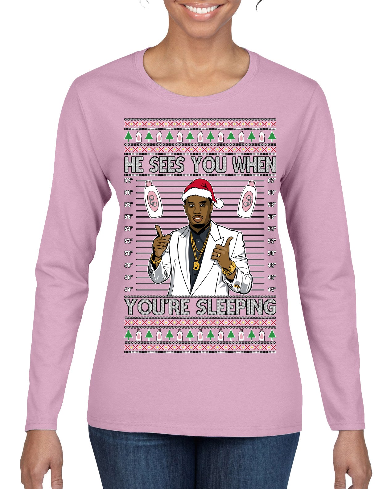 He Sees You When You're Sleeping, Funny Santa P Diddy Diddler Funny Party Viral Music Baby Oil Meme Ugly Christmas Sweater Womens Graphic Long Sleeve T-Shirt