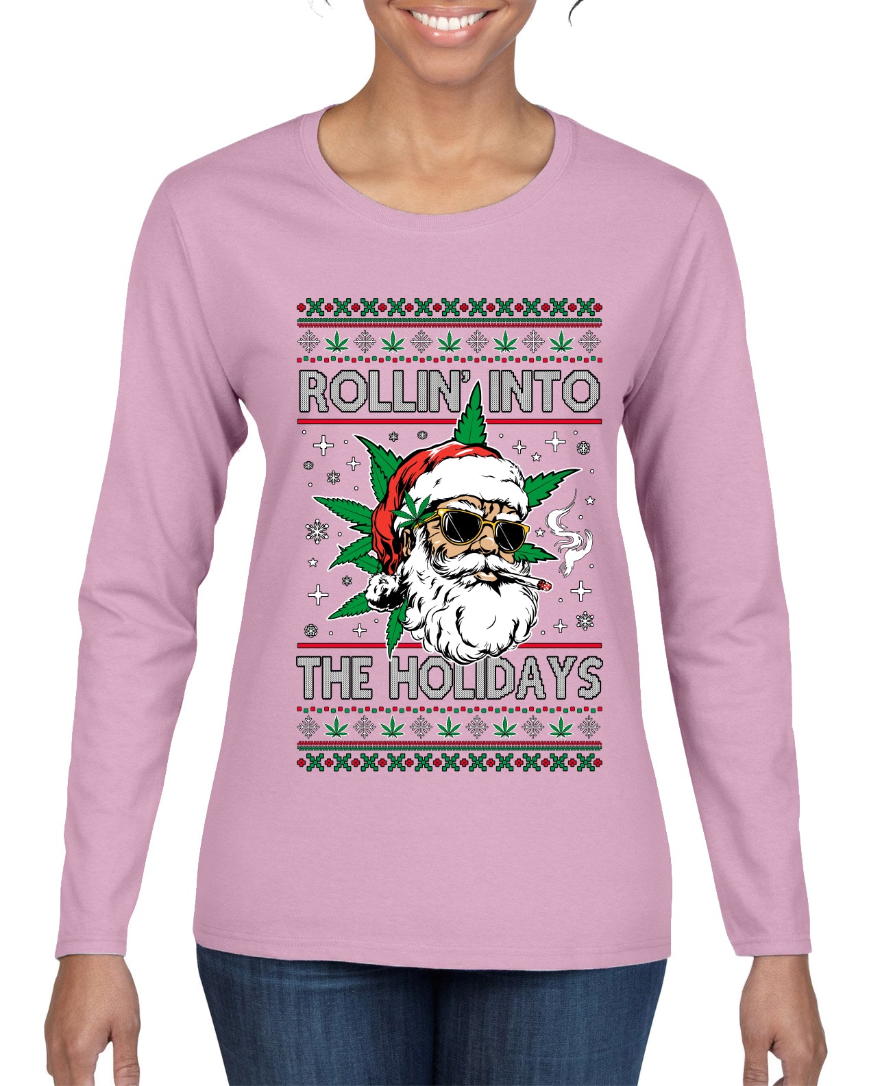 Rollin' Into The Holidays Christmas Sweater, Ugly Christmas Sweater Womens Graphic Long Sleeve T-Shirt