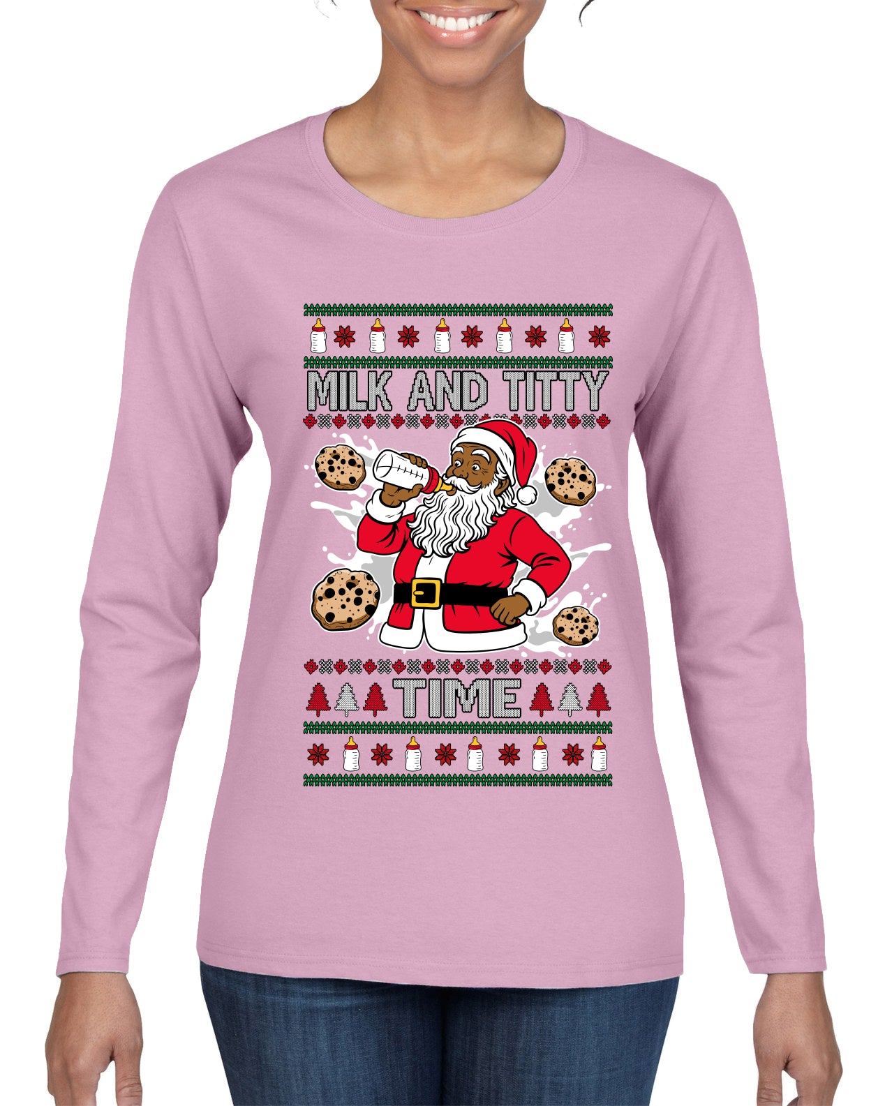 Milk And Titty Time Christmas Sweater, Ugly Christmas Sweater Womens Graphic Long Sleeve T-Shirt