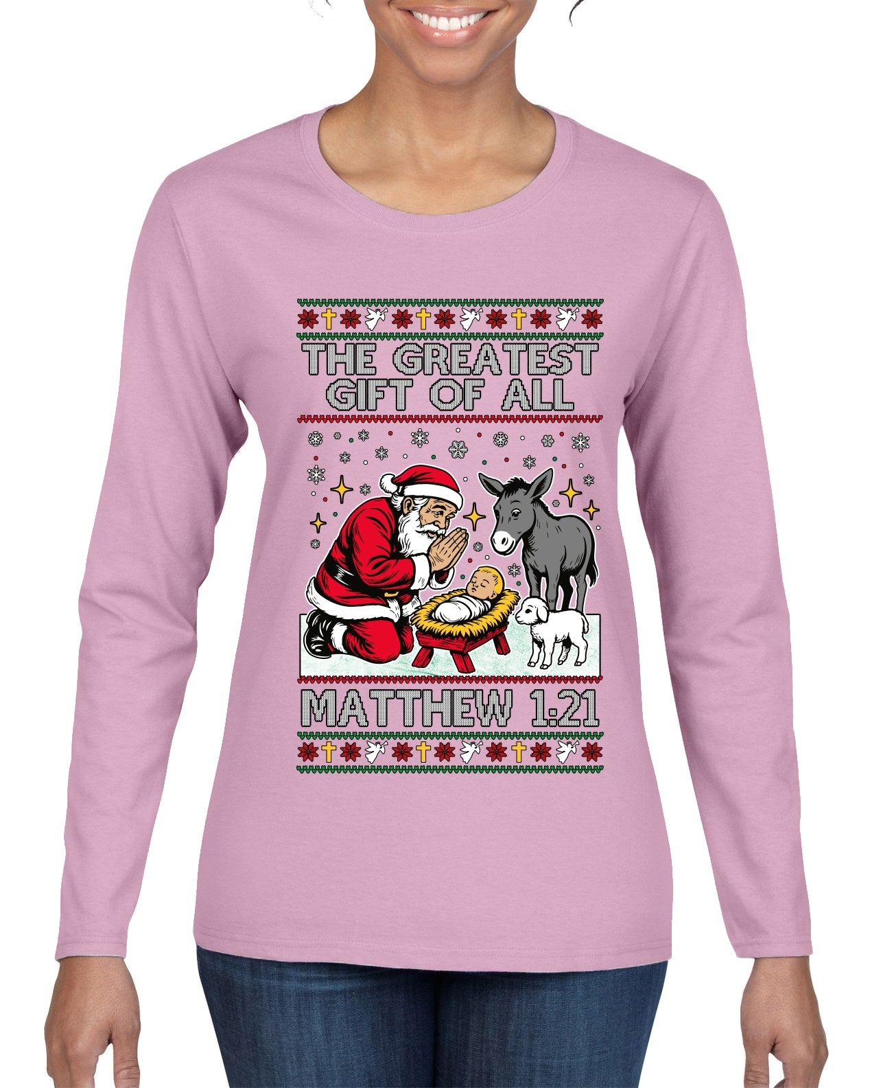 The Greatest Gift Of All Matthew 1:21, Ugly Christmas Sweater Womens Graphic Long Sleeve T-Shirt