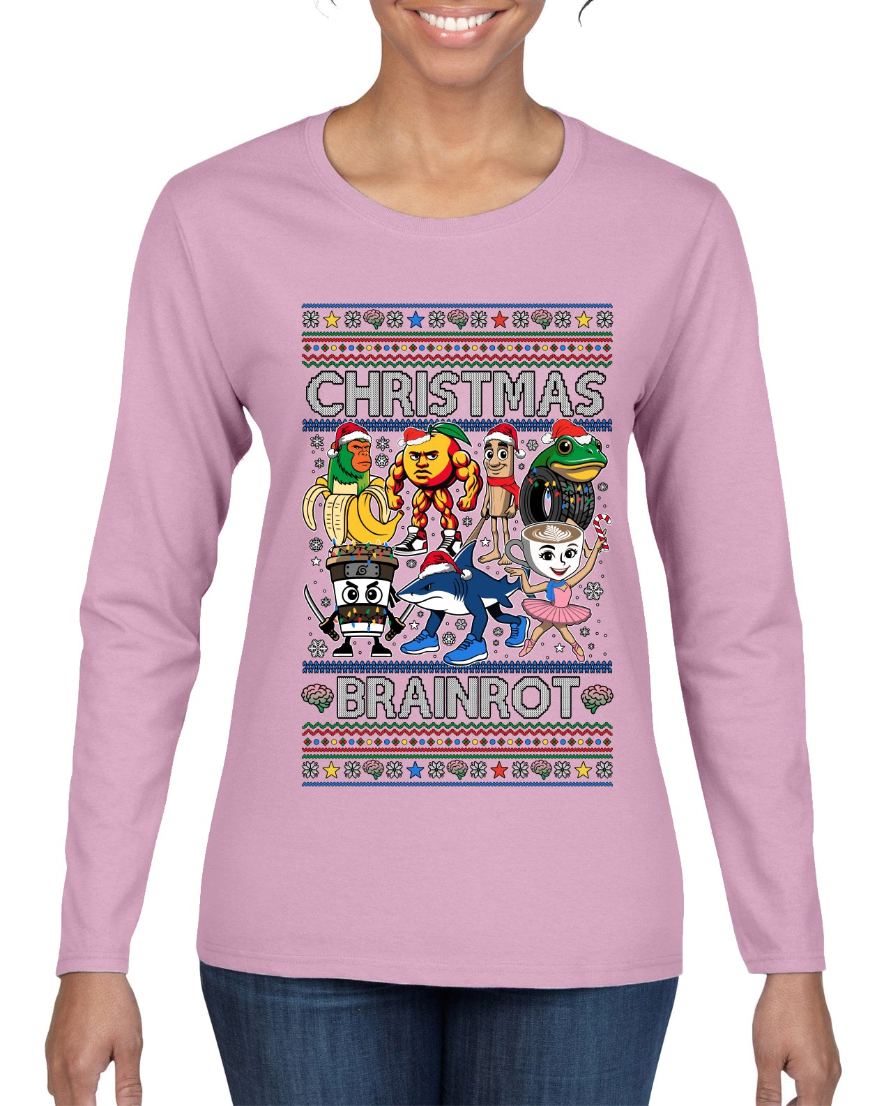 Christmas Brainrot, Ugly Christmas Sweater Womens Graphic Long Sleeve T-Shirt
