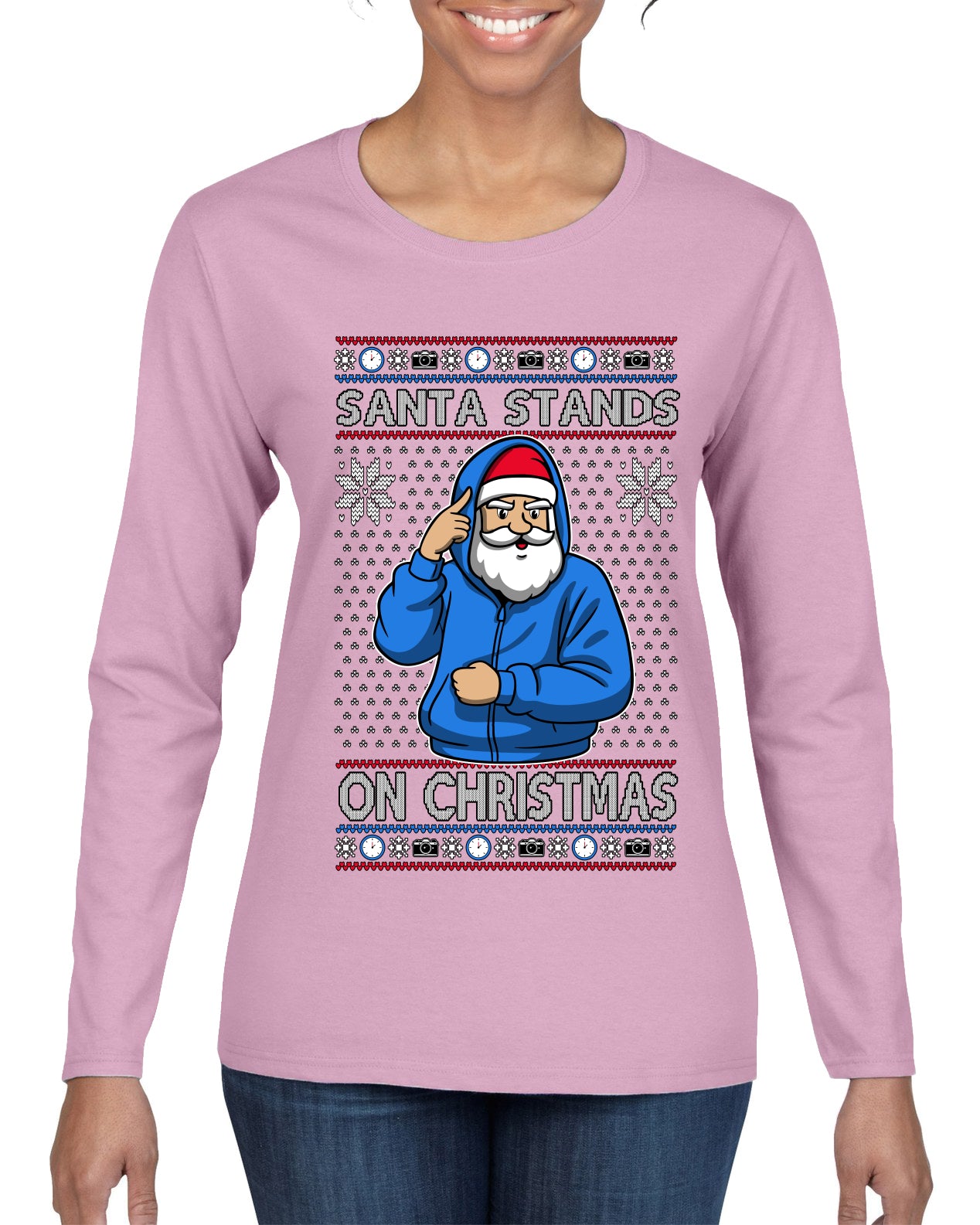 Santa Stands On Christmas, Ugly Christmas Sweater Womens Graphic Long Sleeve T-Shirt