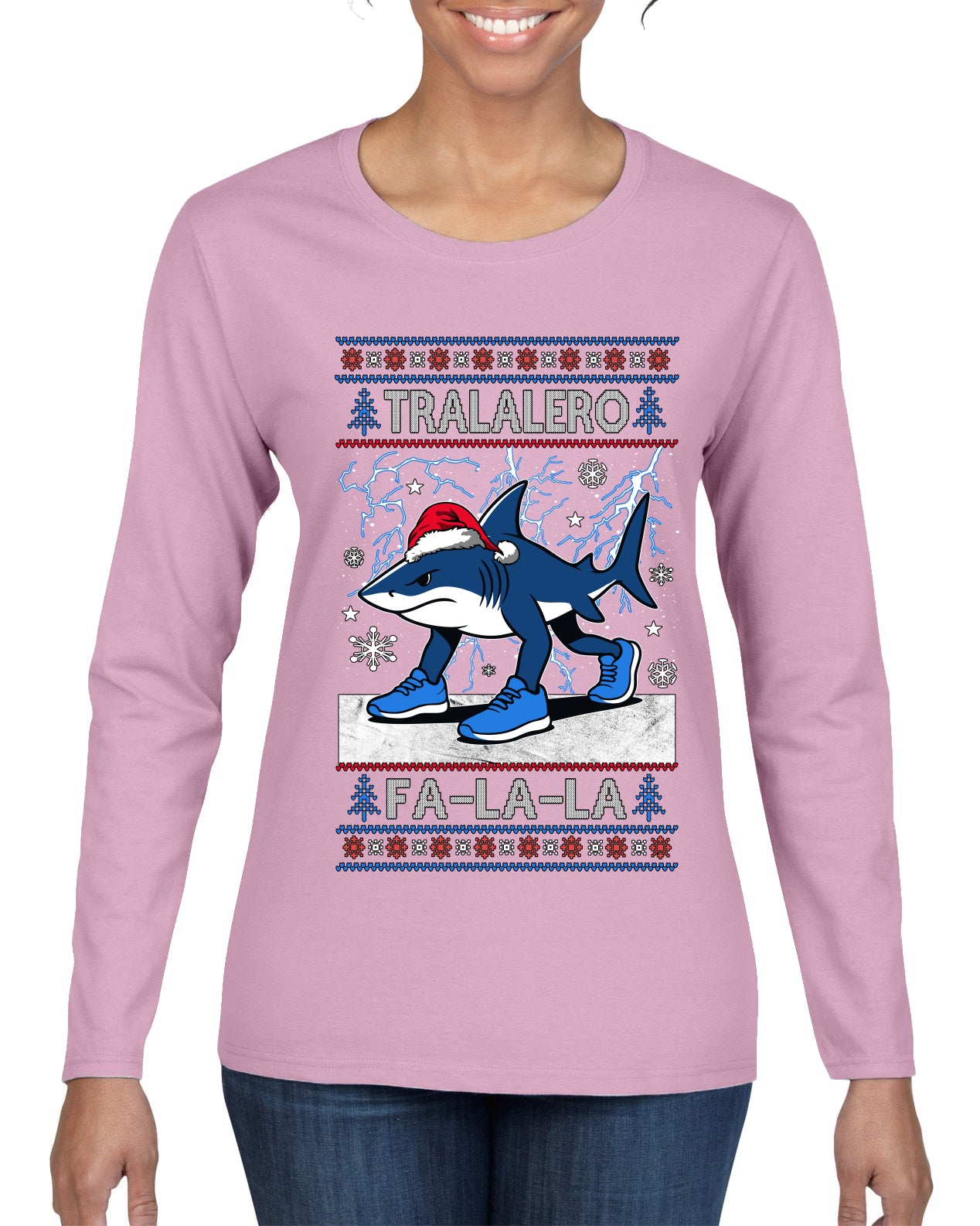 Tralalero Fa La La Brainrot, Ugly Christmas Sweater Womens Graphic Long Sleeve T-Shirt