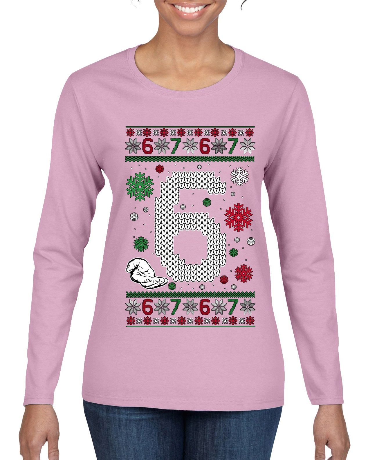 Christmas 6 Meme, Ugly Christmas Sweater Womens Graphic Long Sleeve T-Shirt
