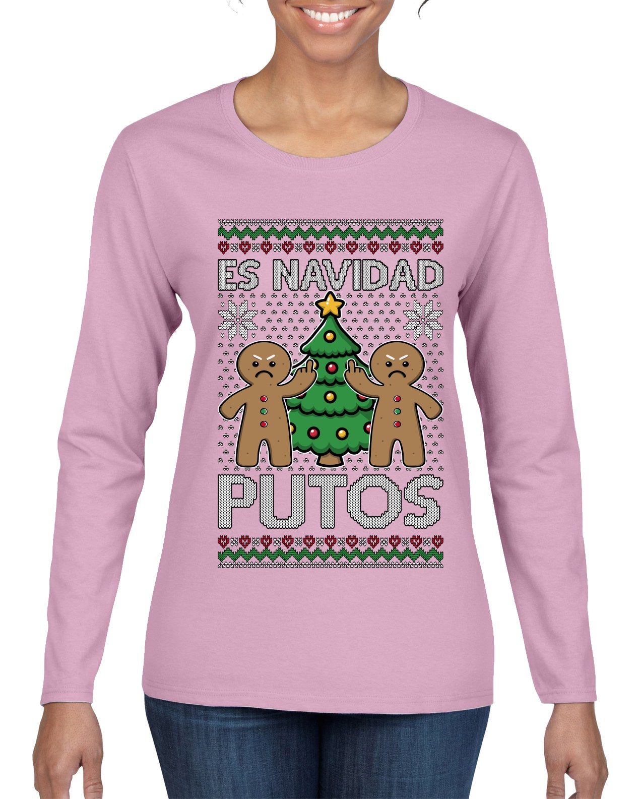 Es Navidad Putos, Ugly Christmas Sweater Womens Graphic Long Sleeve T-Shirt