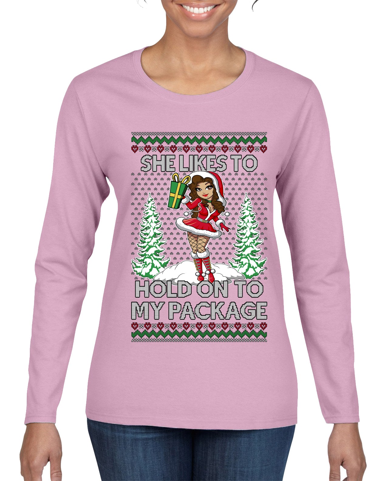 Hold My Package, Ugly Christmas Sweater Womens Graphic Long Sleeve T-Shirt