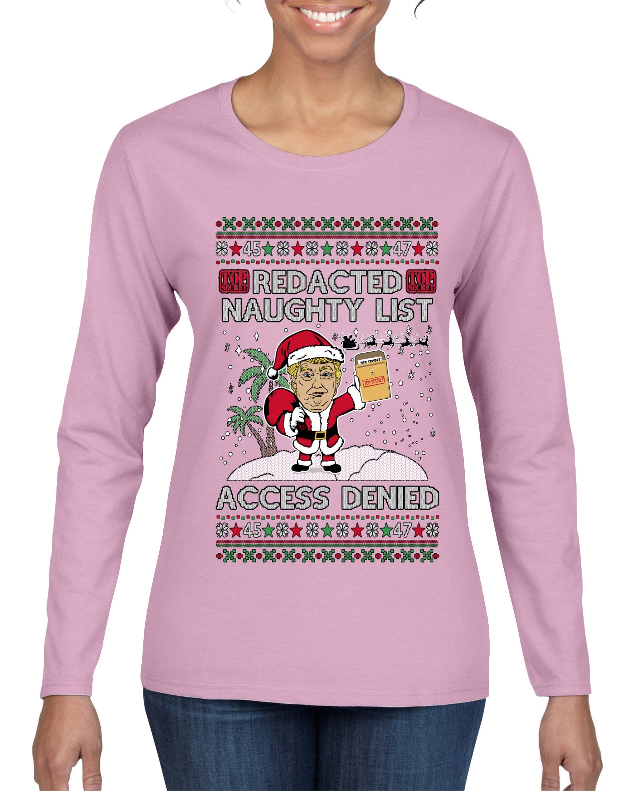 Redacted Naughty List Access Denied, Ugly Christmas Sweater Womens Graphic Long Sleeve T-Shirt